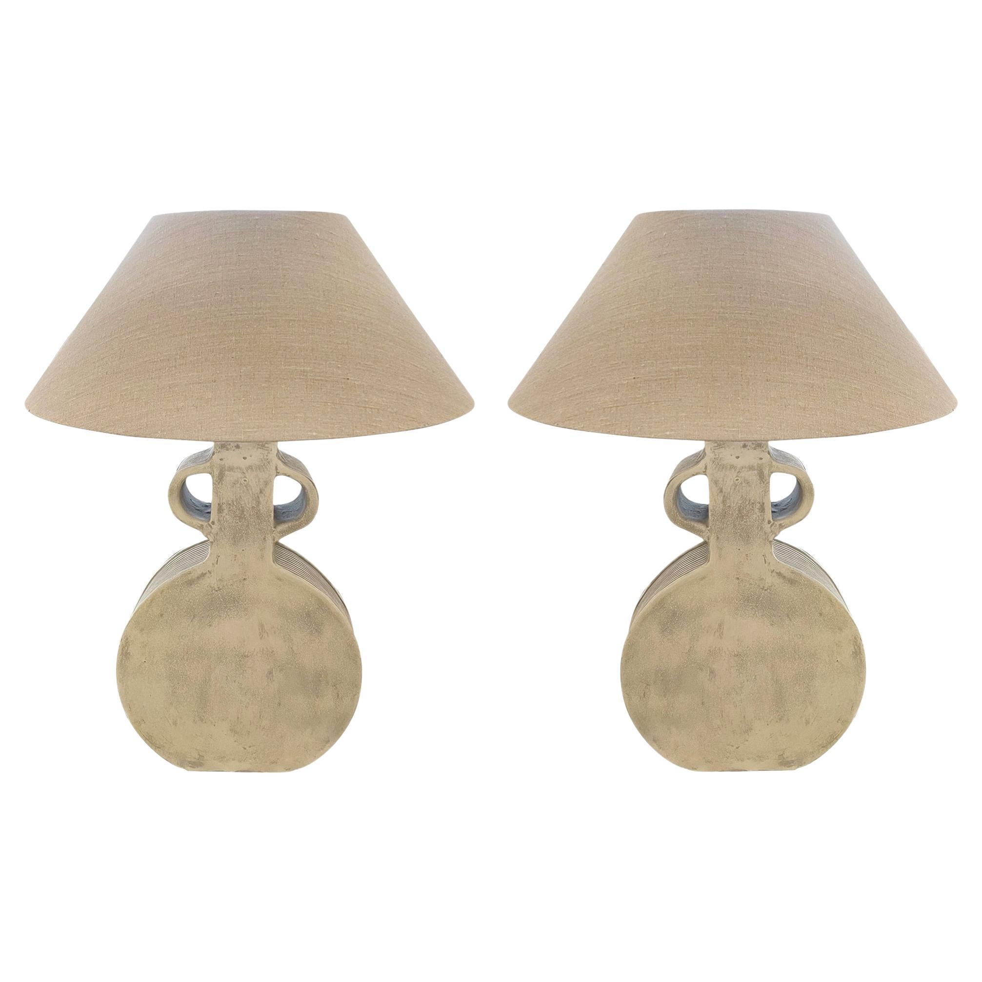 Extra Large Faded White Two Handled Pair Lamps, India, Contemporary For Sale