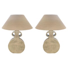 Extra Large Faded White Two Handled Pair Lamps, India, Contemporary