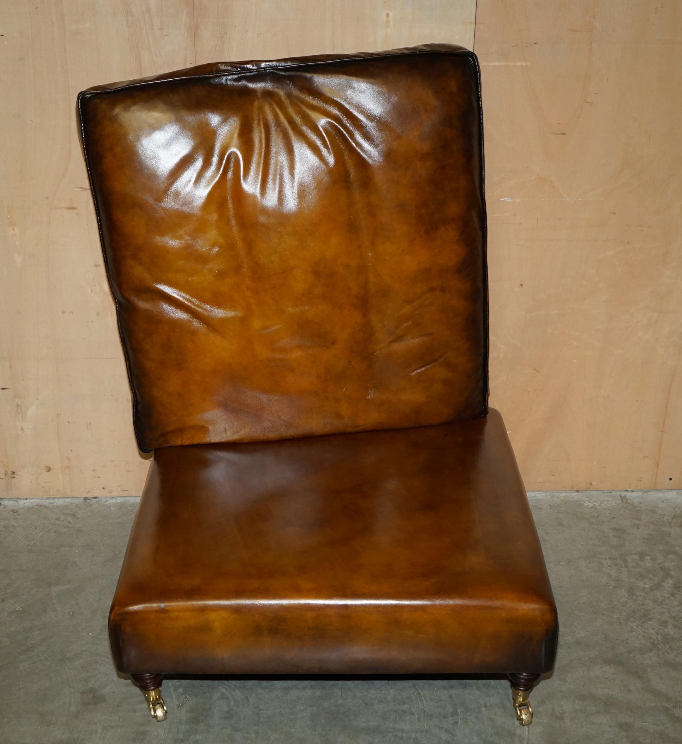 Leather EXTRA LARGE FEATHER SEAT RESTORED BROWN LEATHER OTTOMAN FOOTSTOOL PART OF SUiTE For Sale