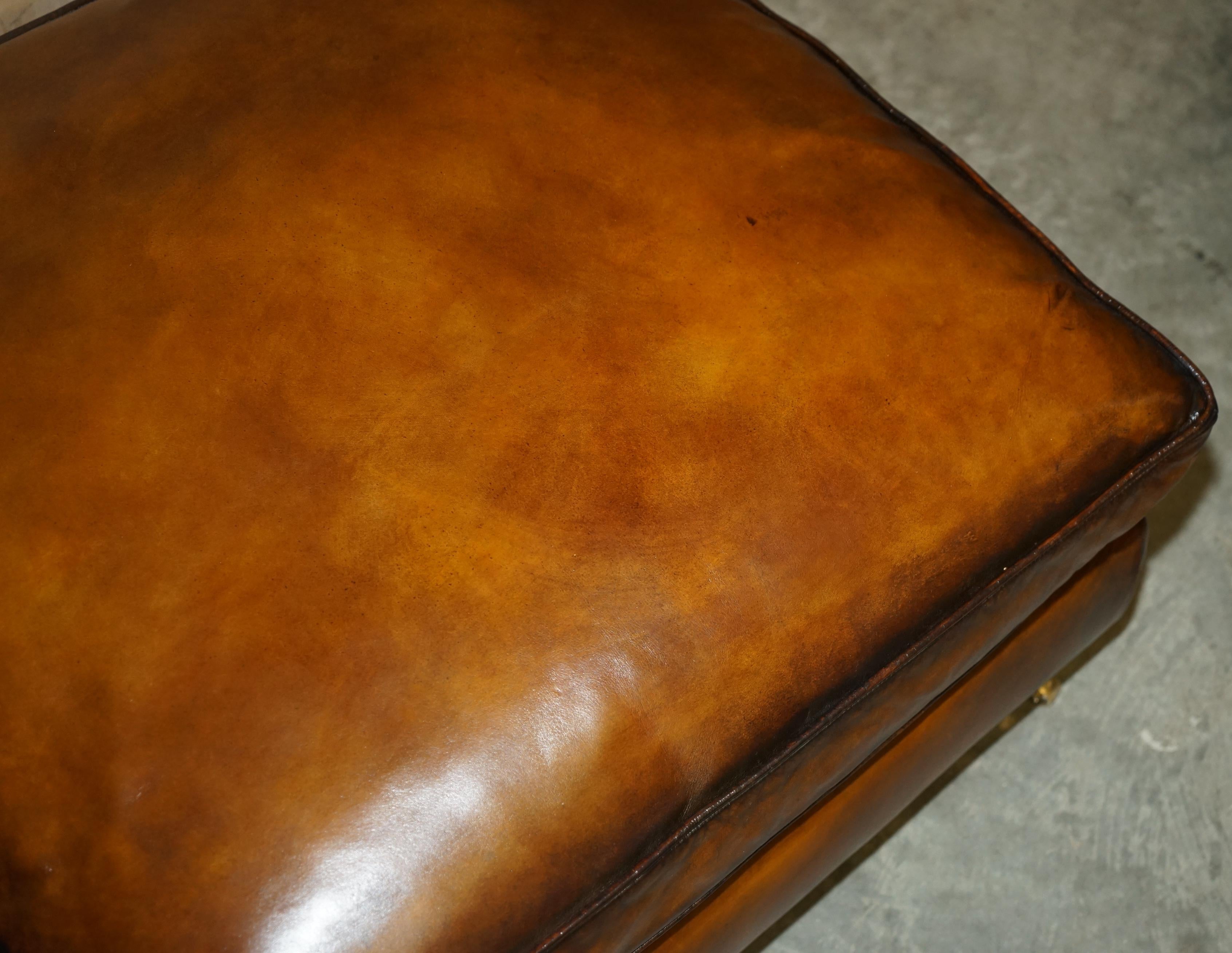 Country EXTRA LARGE FEATHER SEAT RESTORED BROWN LEATHER OTTOMAN FOOTSTOOL PART OF SUiTE For Sale