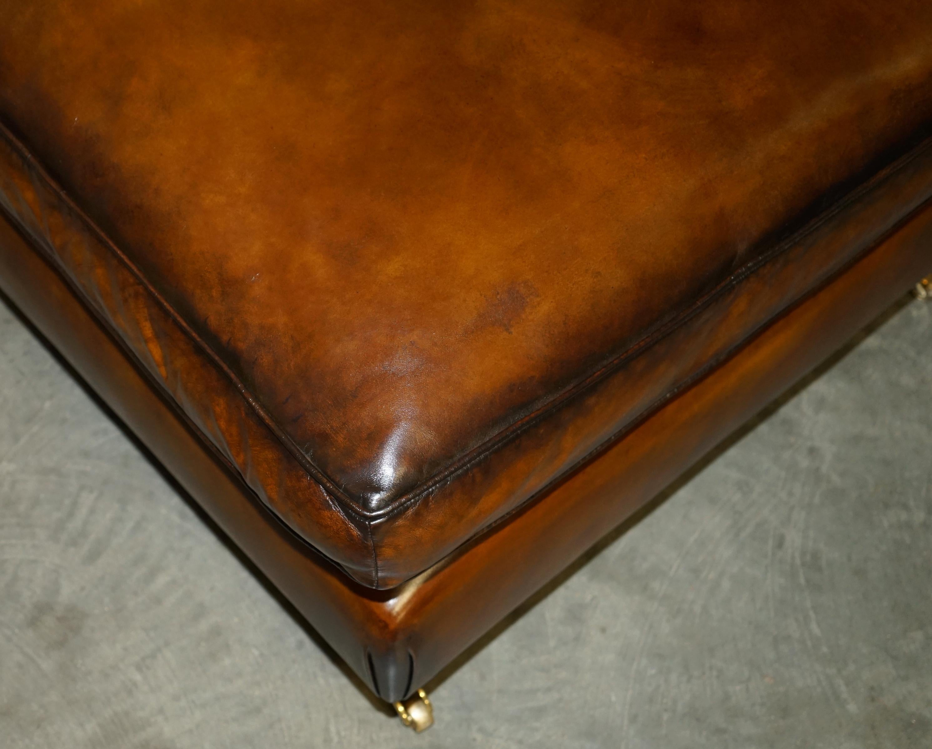 English EXTRA LARGE FEATHER SEAT RESTORED BROWN LEATHER OTTOMAN FOOTSTOOL PART OF SUiTE For Sale