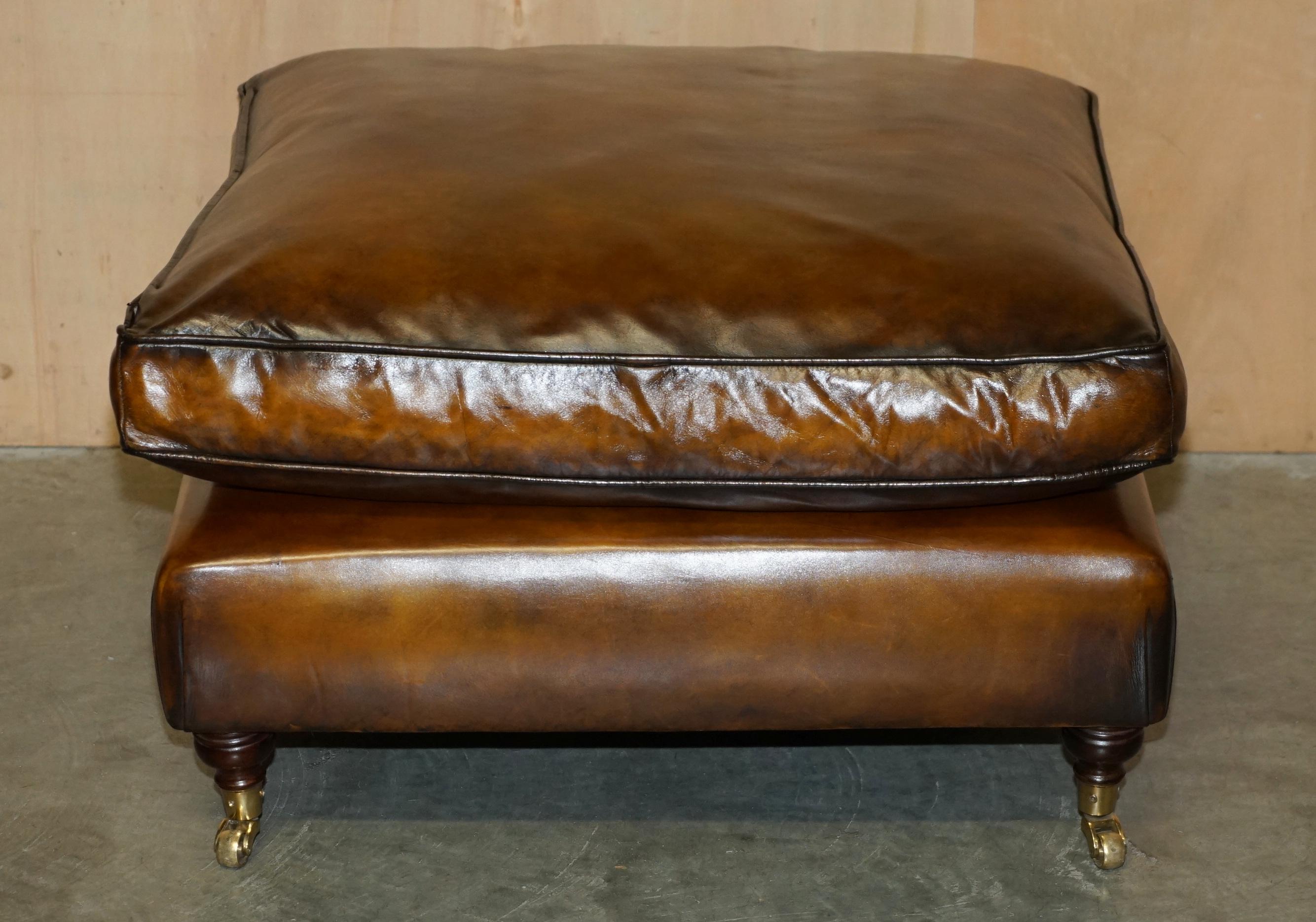 20th Century EXTRA LARGE FEATHER SEAT RESTORED BROWN LEATHER OTTOMAN FOOTSTOOL PART OF SUiTE For Sale