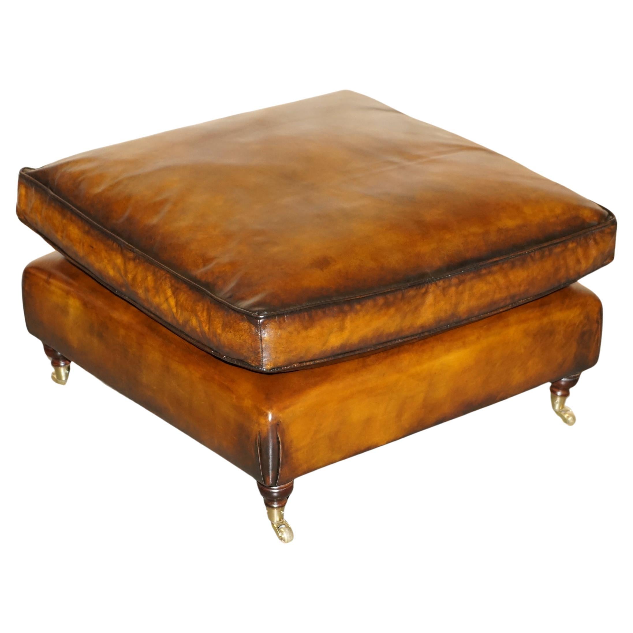 EXTRA LARGE FEATHER SEAT RESTORED BROWN LEATHER OTTOMAN FOOTSTOOL PART OF SUiTE For Sale