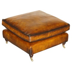 Vintage EXTRA LARGE FEATHER SEAT RESTORED BROWN LEATHER OTTOMAN FOOTSTOOL PART OF SUiTE