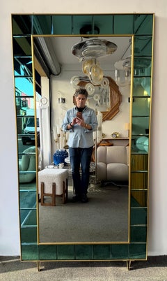 Extra Large Floor Mirror Green Glass and Brass by Cristal Art Italy, 1960s