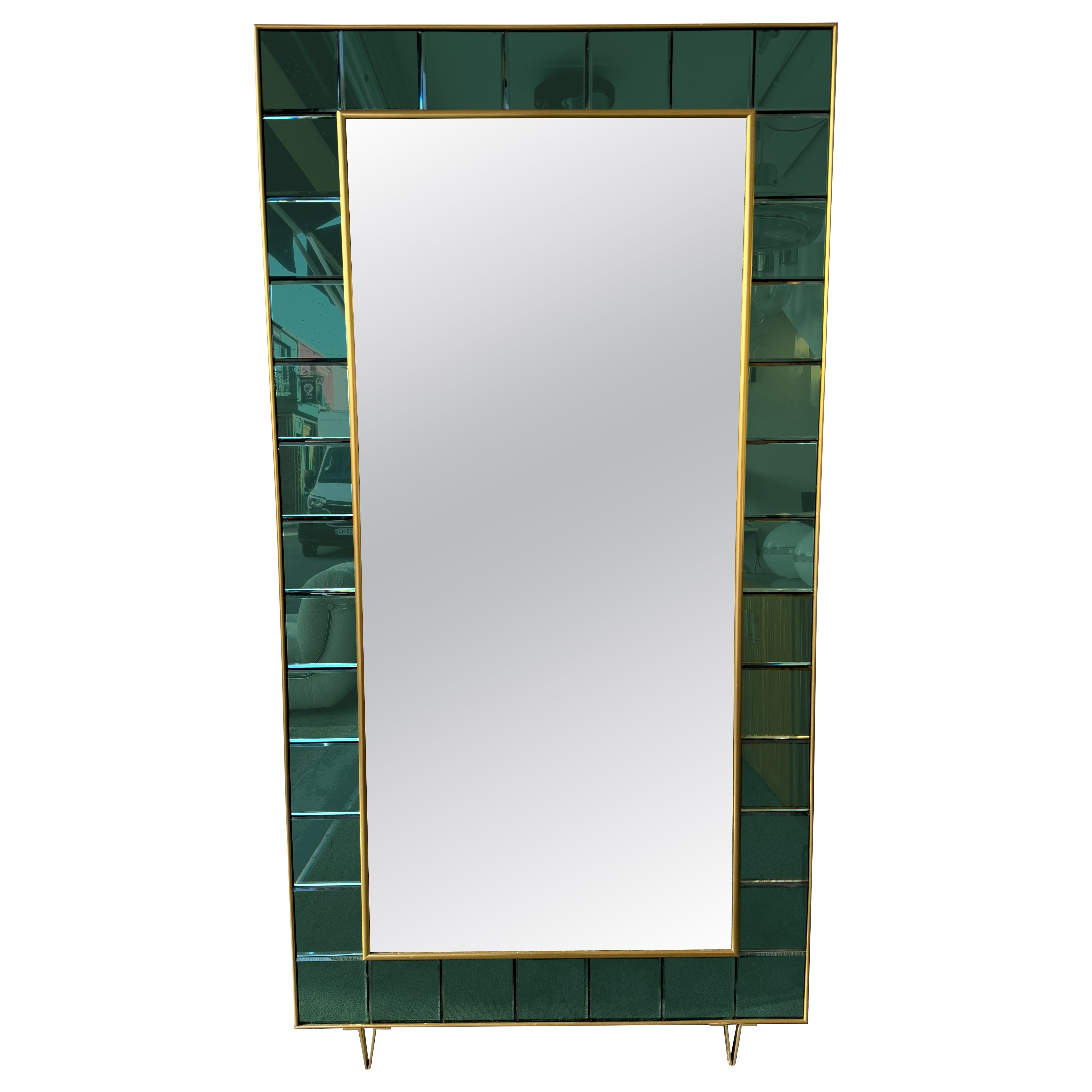 Extra Large Floor Mirror Green Glass and Brass by Cristal Art Italy, 1960s For Sale