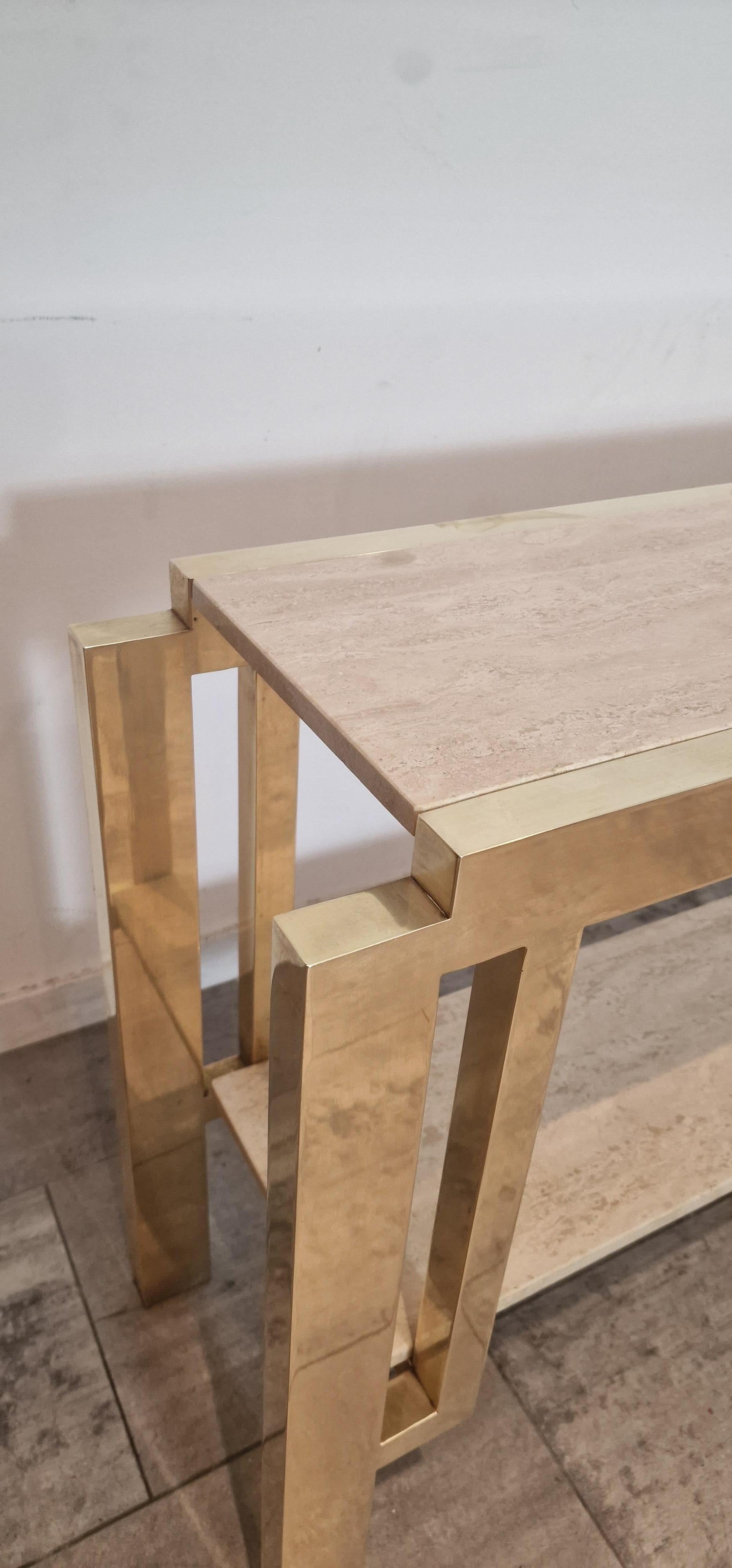 French Extra Large Full Brass Travertine Console table