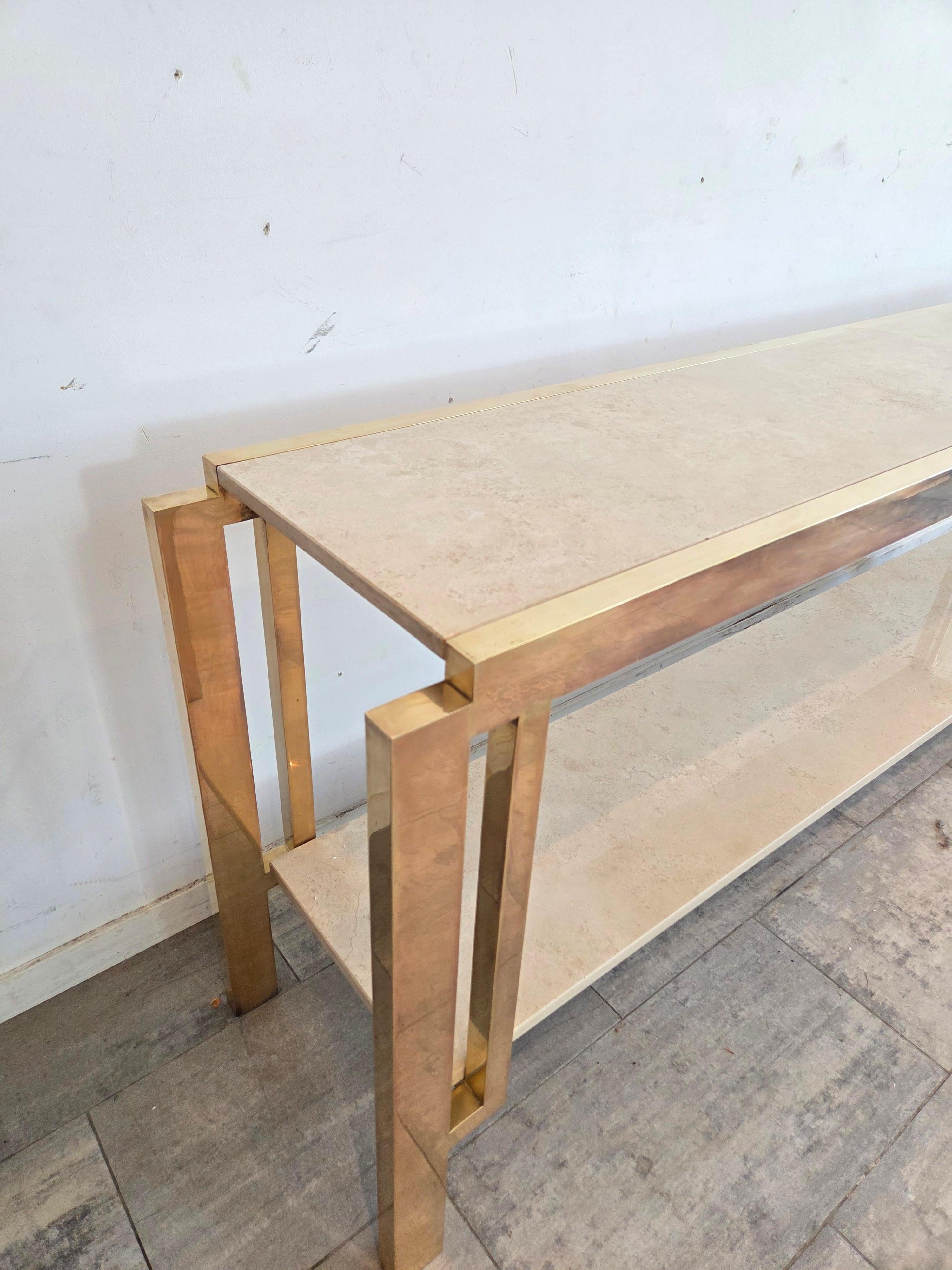 French Extra Large Full Brass Travertine Console table For Sale