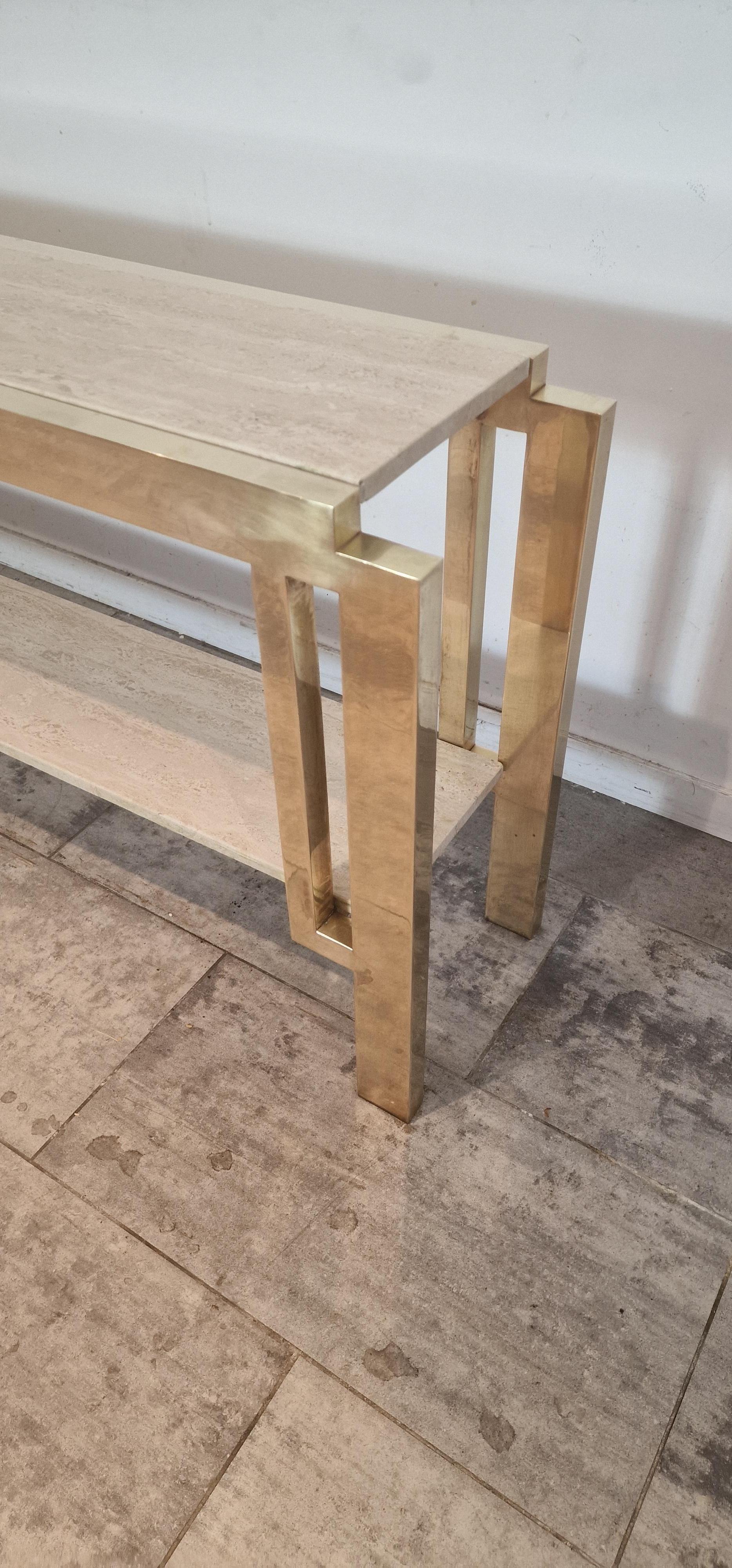 Extra Large Full Brass Travertine Console table In Good Condition In Waasmunster, BE