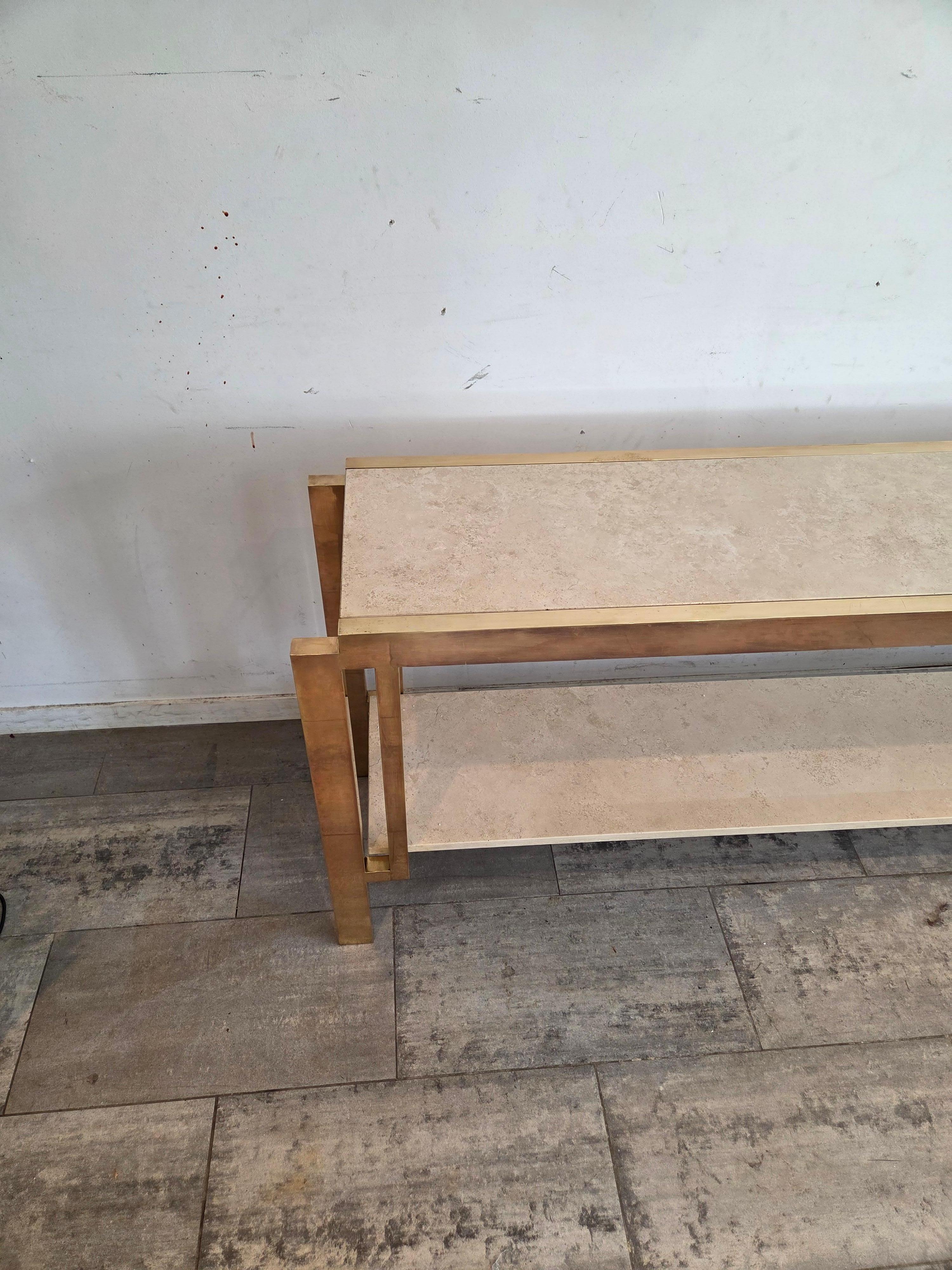 Extra Large Full Brass Travertine Console table In Good Condition For Sale In Waasmunster, BE