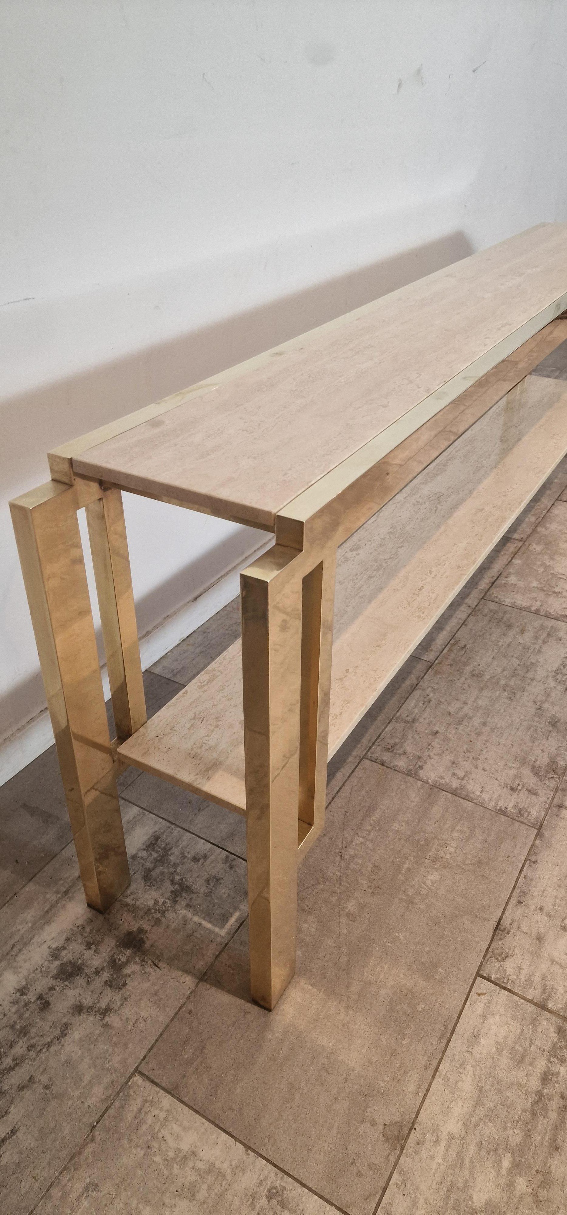 Late 20th Century Extra Large Full Brass Travertine Console table