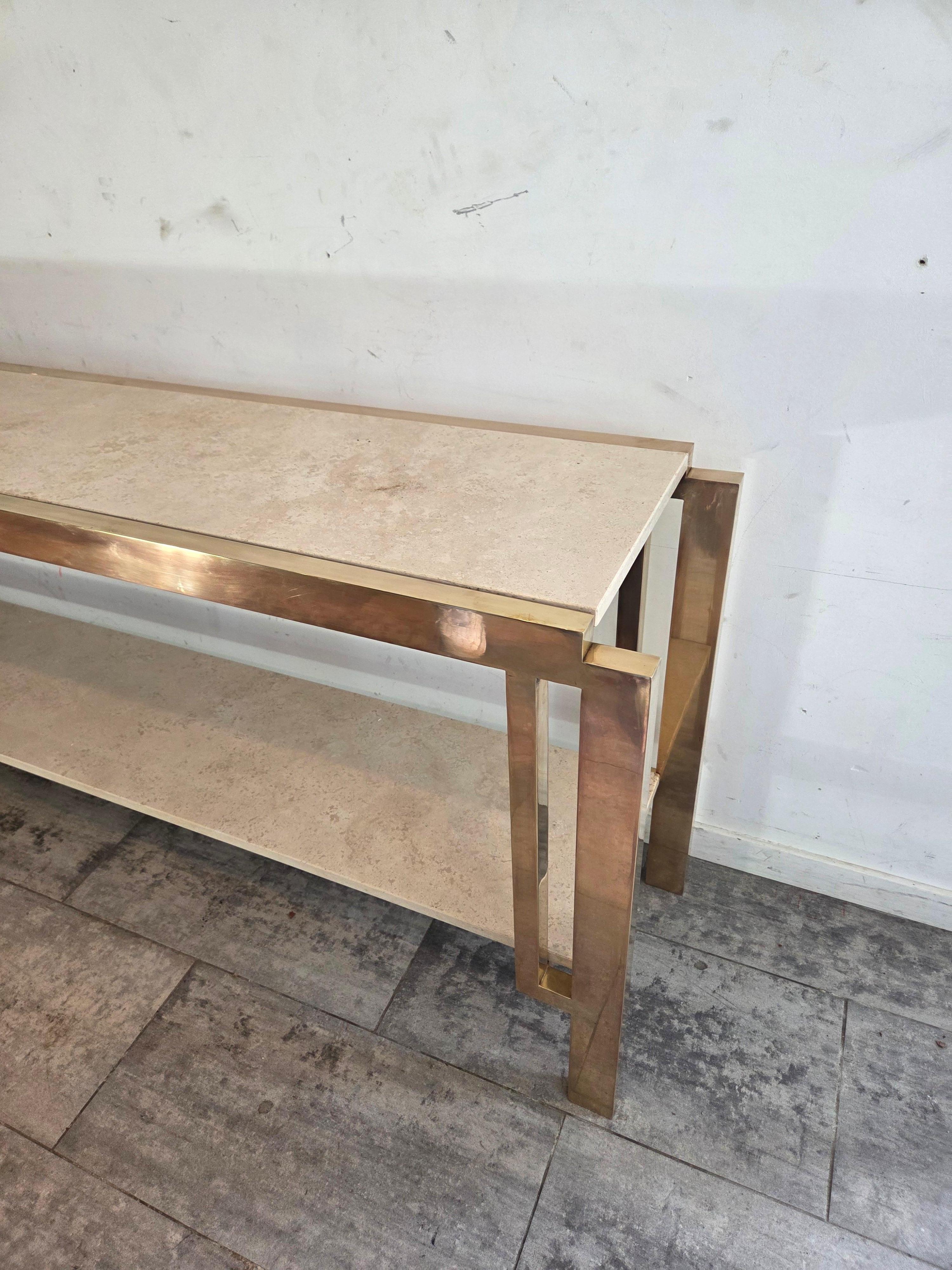 Extra Large Full Brass Travertine Console table For Sale 1