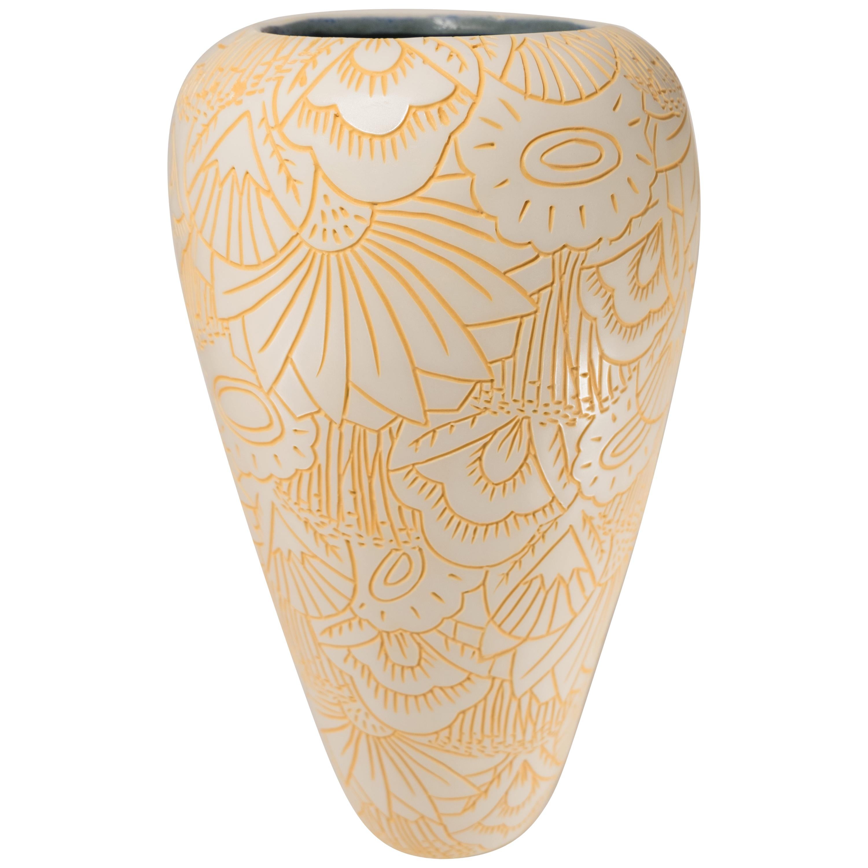 Extra Large "Garden" Design Hand Carved Porcelain Art Pottery Vase