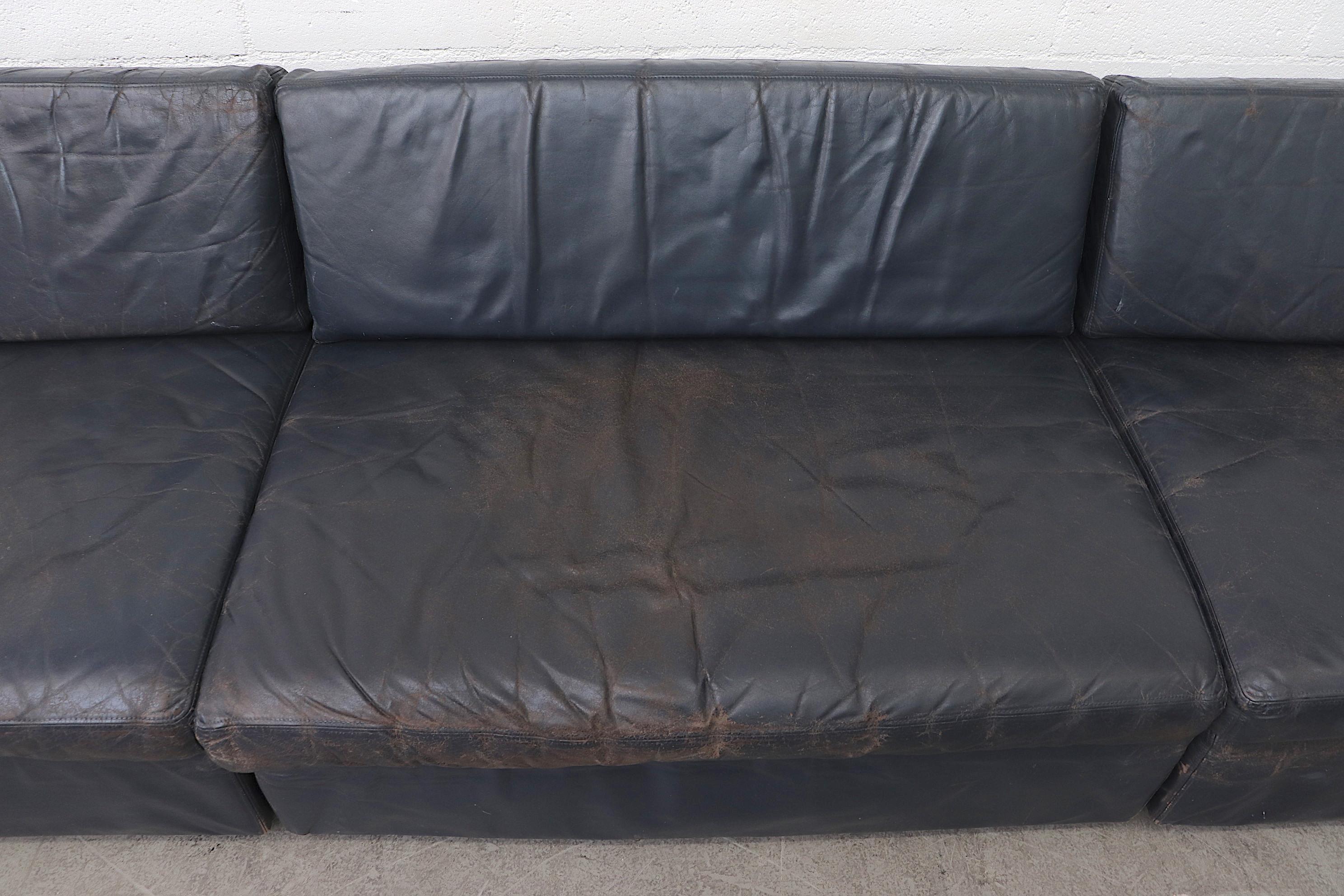 Mid-Century Modern Extra Large Gelderland Blue Leather Sectional Sofa