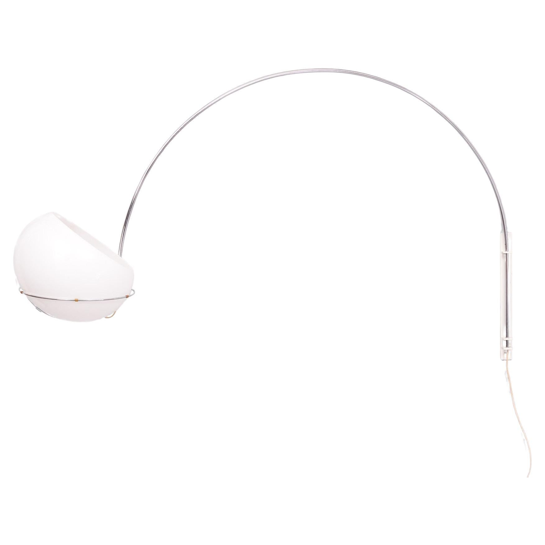 Love this extra large Wall Arc lamp by Gepo Amsterdam . Chrome Arc 
comes with a White acrylic Shade . Lucite details .   White Steel bracket on the Wall  .
Never ever seen this Large example. Super rare .  Signed . 
  Height 120 cm Width 210 cm
