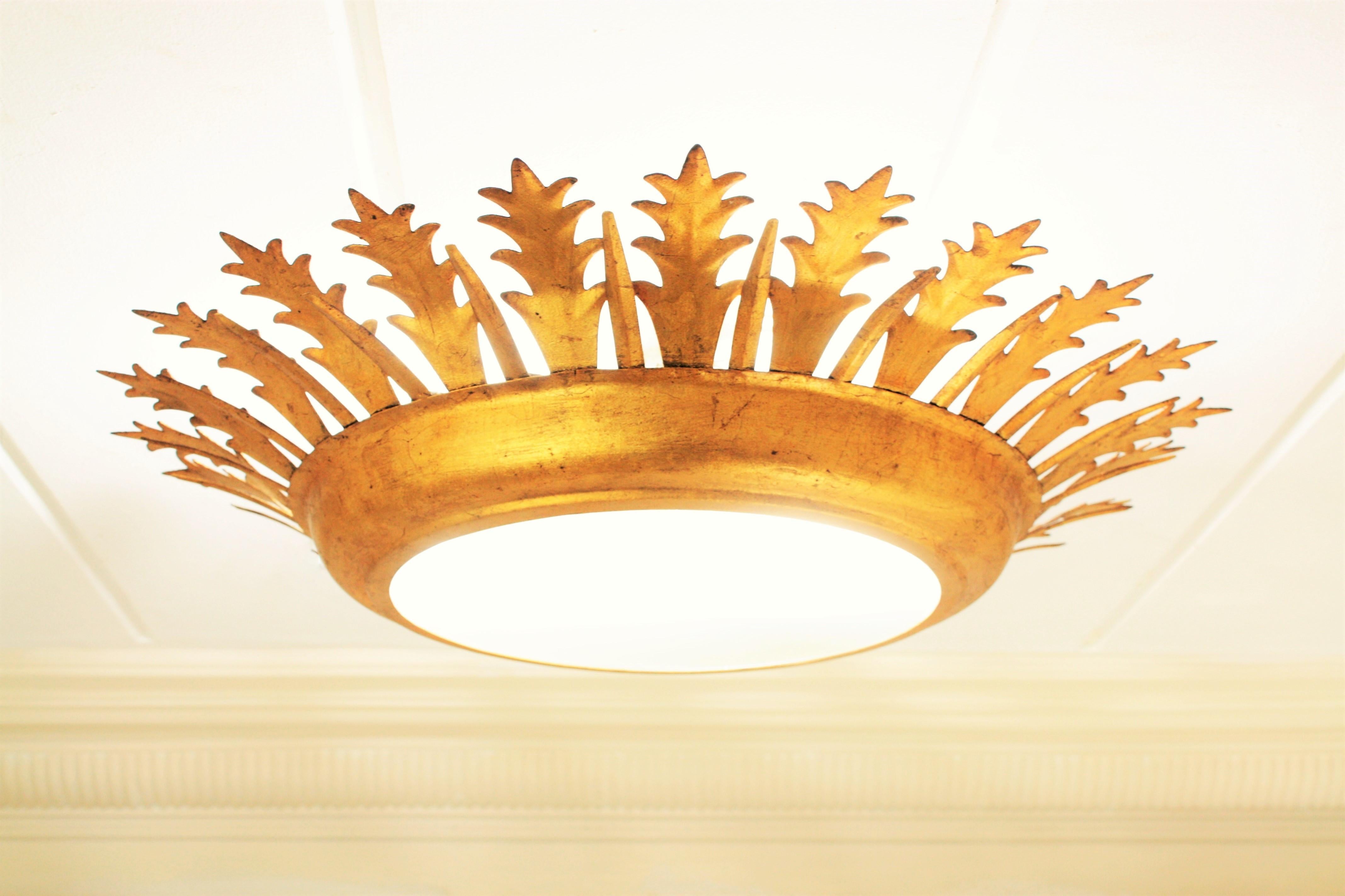 Gold Leaf Extra Large Gilt Iron Crown Sunburst Ceiling Light Fixture with Frosted Glass