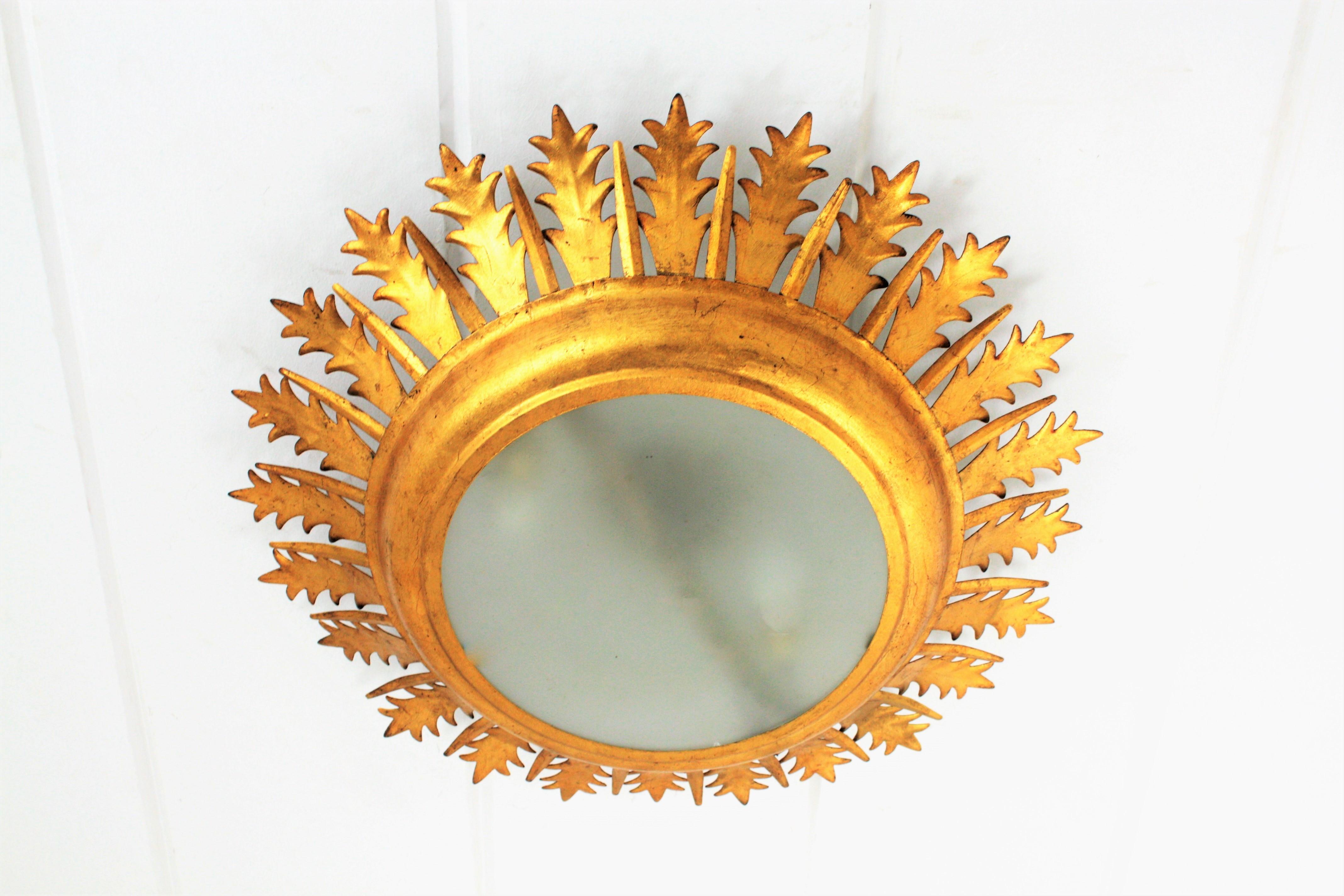 Extra Large Gilt Iron Crown Sunburst Ceiling Light Fixture with Frosted Glass 3