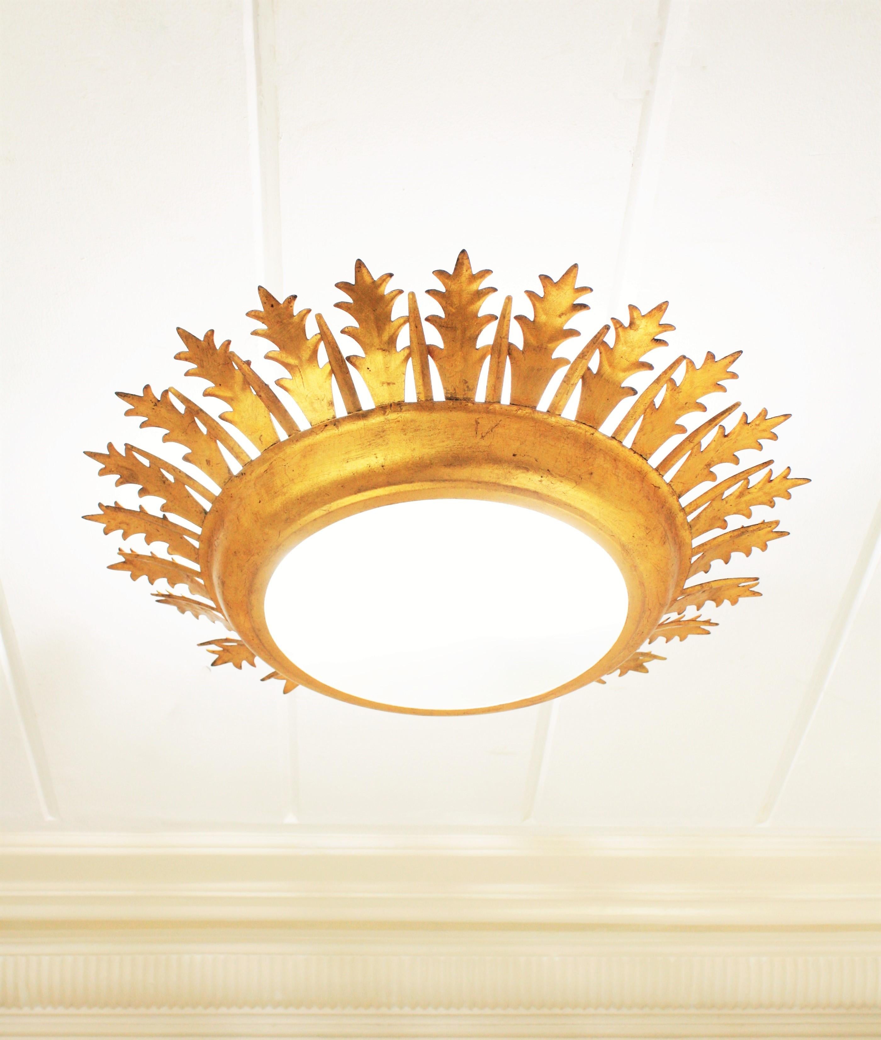 Extra Large Gilt Iron Crown Sunburst Ceiling Light Fixture with Frosted Glass 4