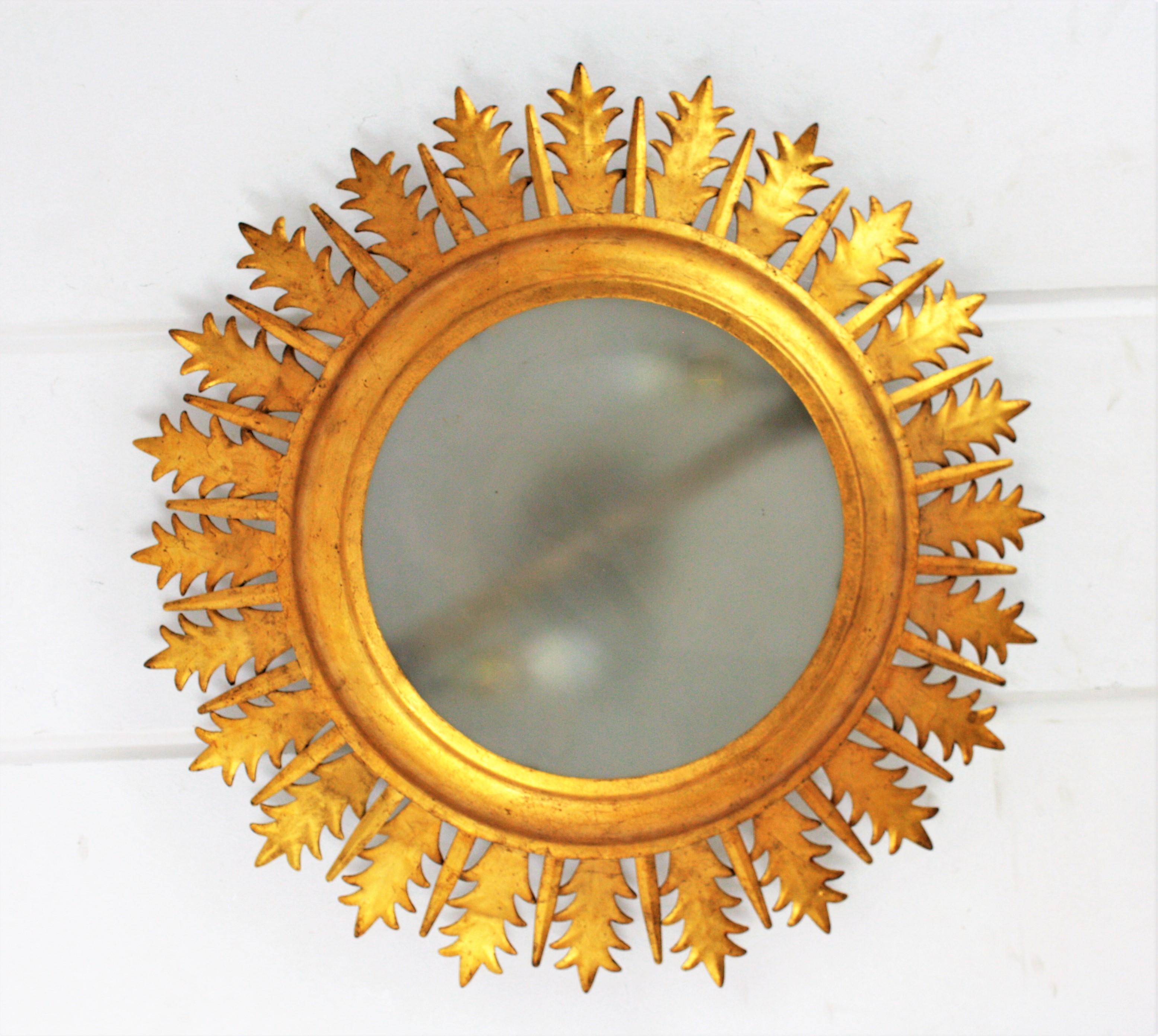 Spanish Extra Large Gilt Iron Crown Sunburst Ceiling Light Fixture with Frosted Glass