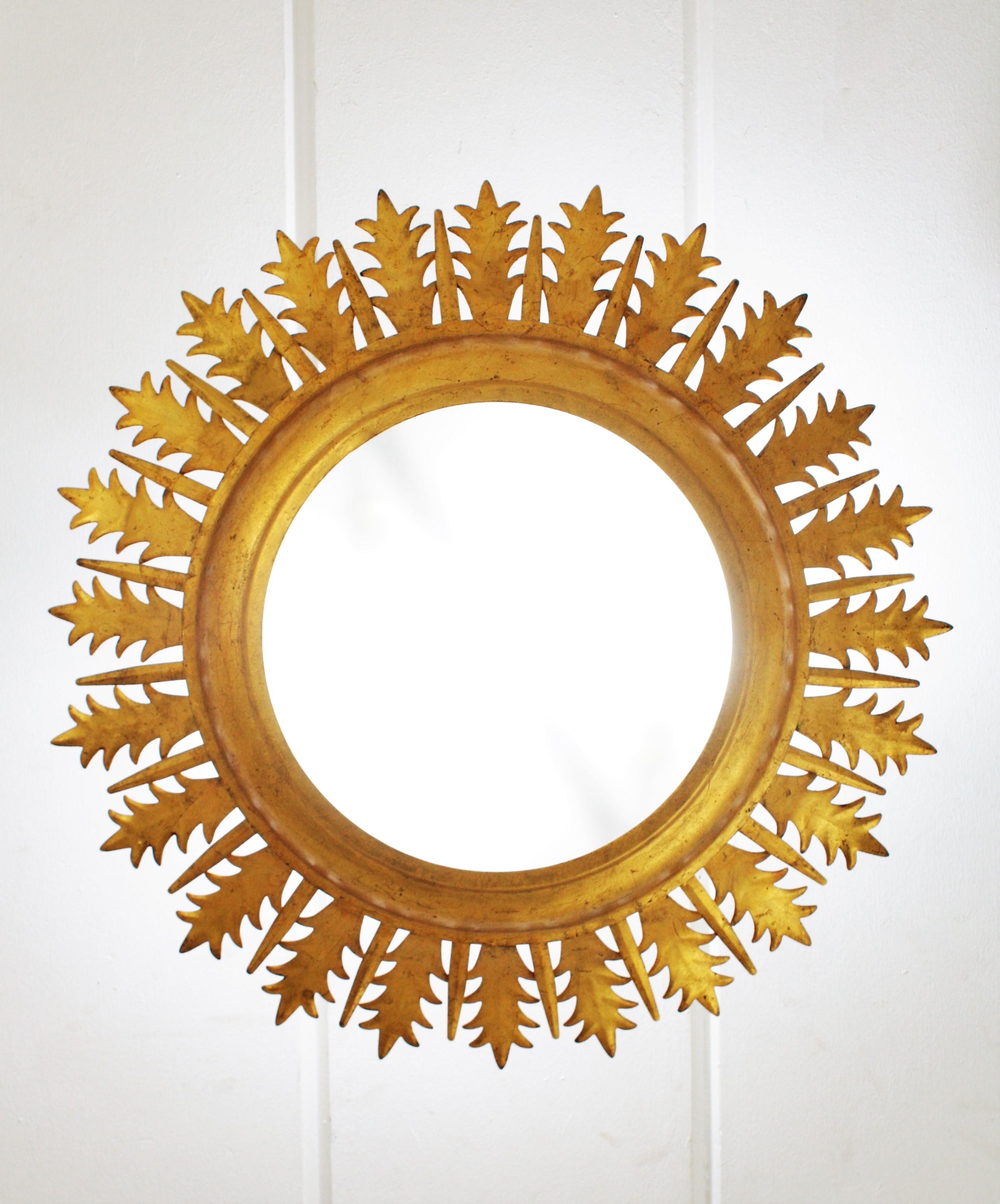 Extra Large Gilt Iron Crown Sunburst Ceiling Light Fixture with Frosted Glass In Excellent Condition In Barcelona, ES