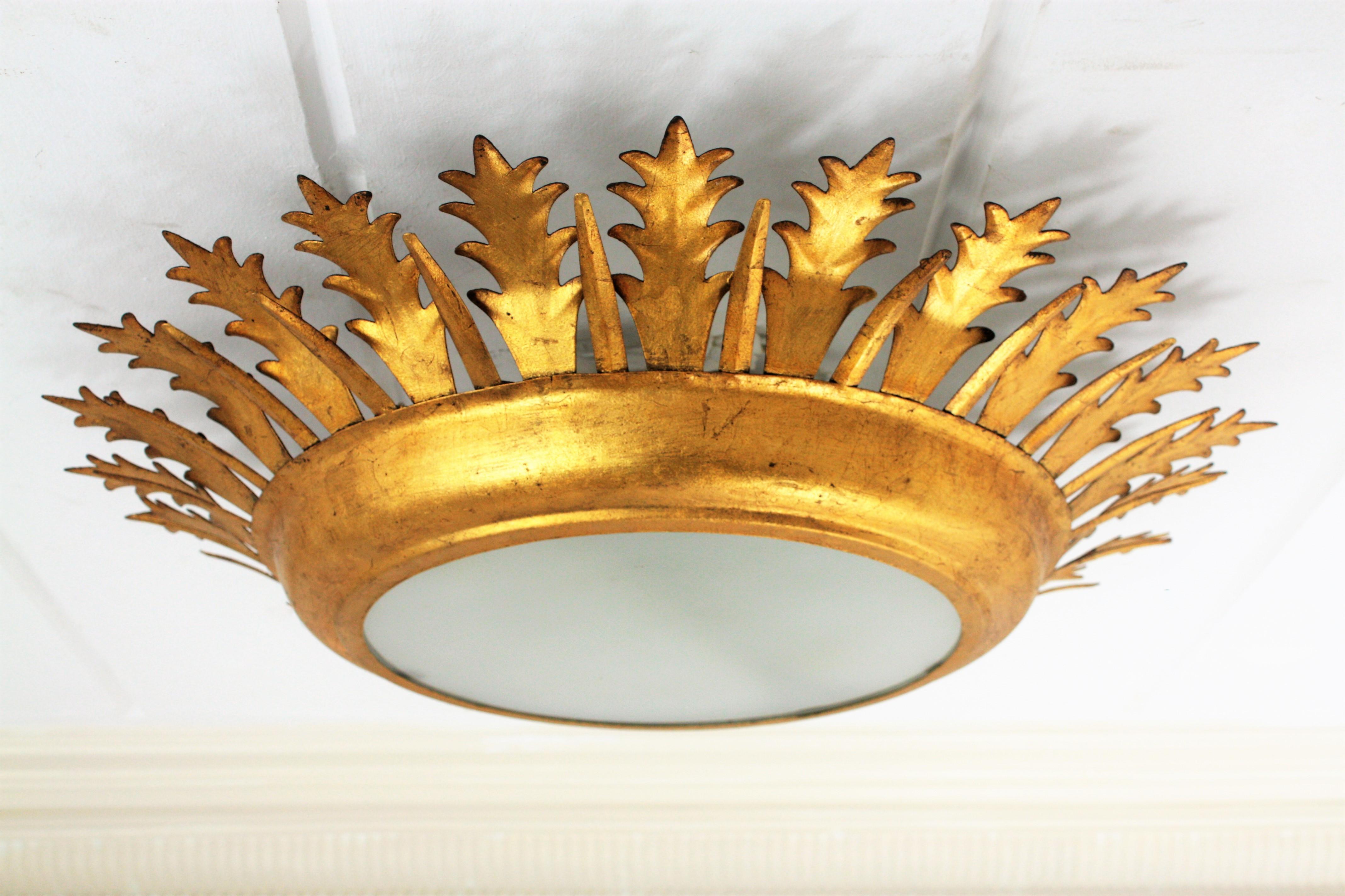 20th Century Extra Large Gilt Iron Crown Sunburst Ceiling Light Fixture with Frosted Glass