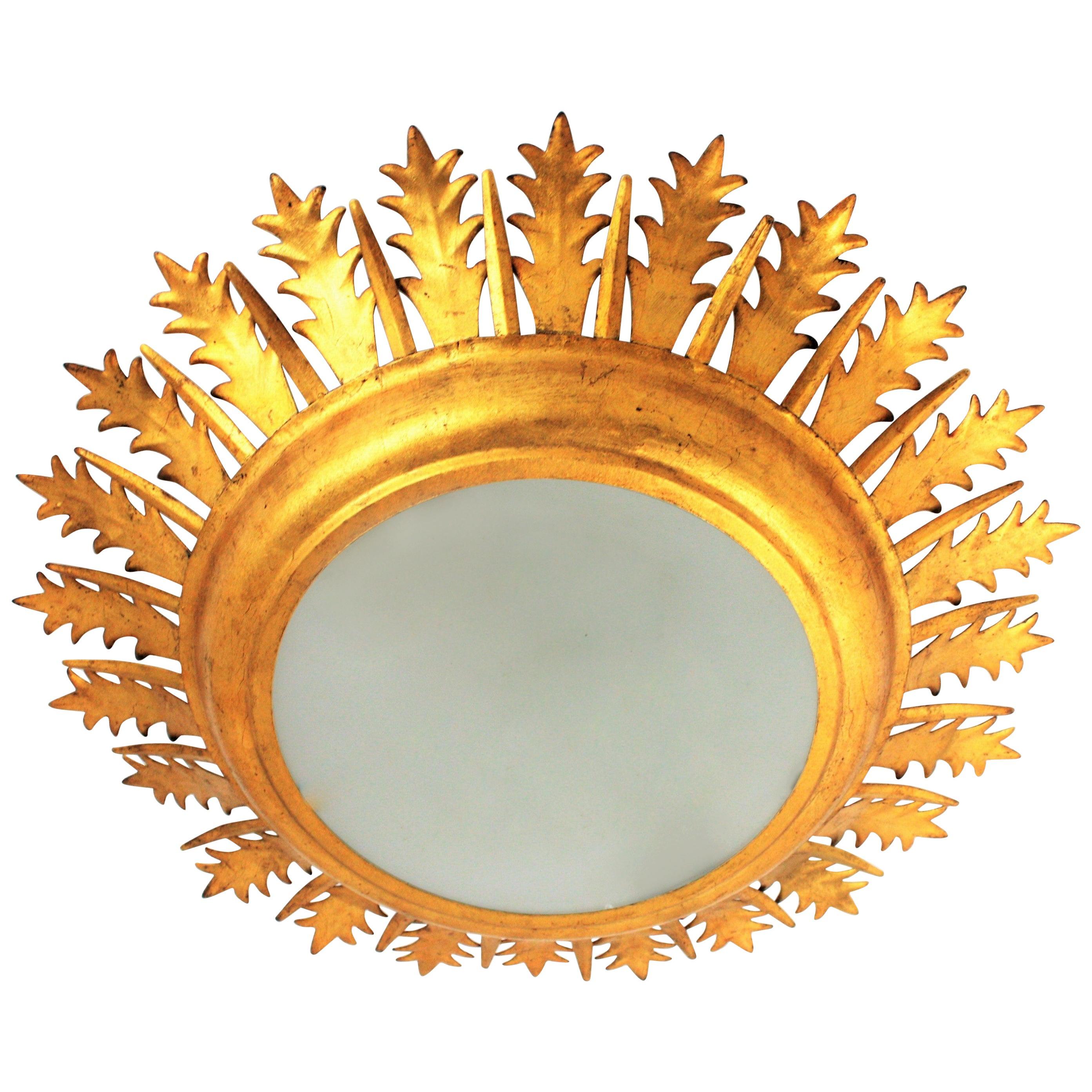 Extra Large Gilt Iron Crown Sunburst Ceiling Light Fixture with Frosted Glass
