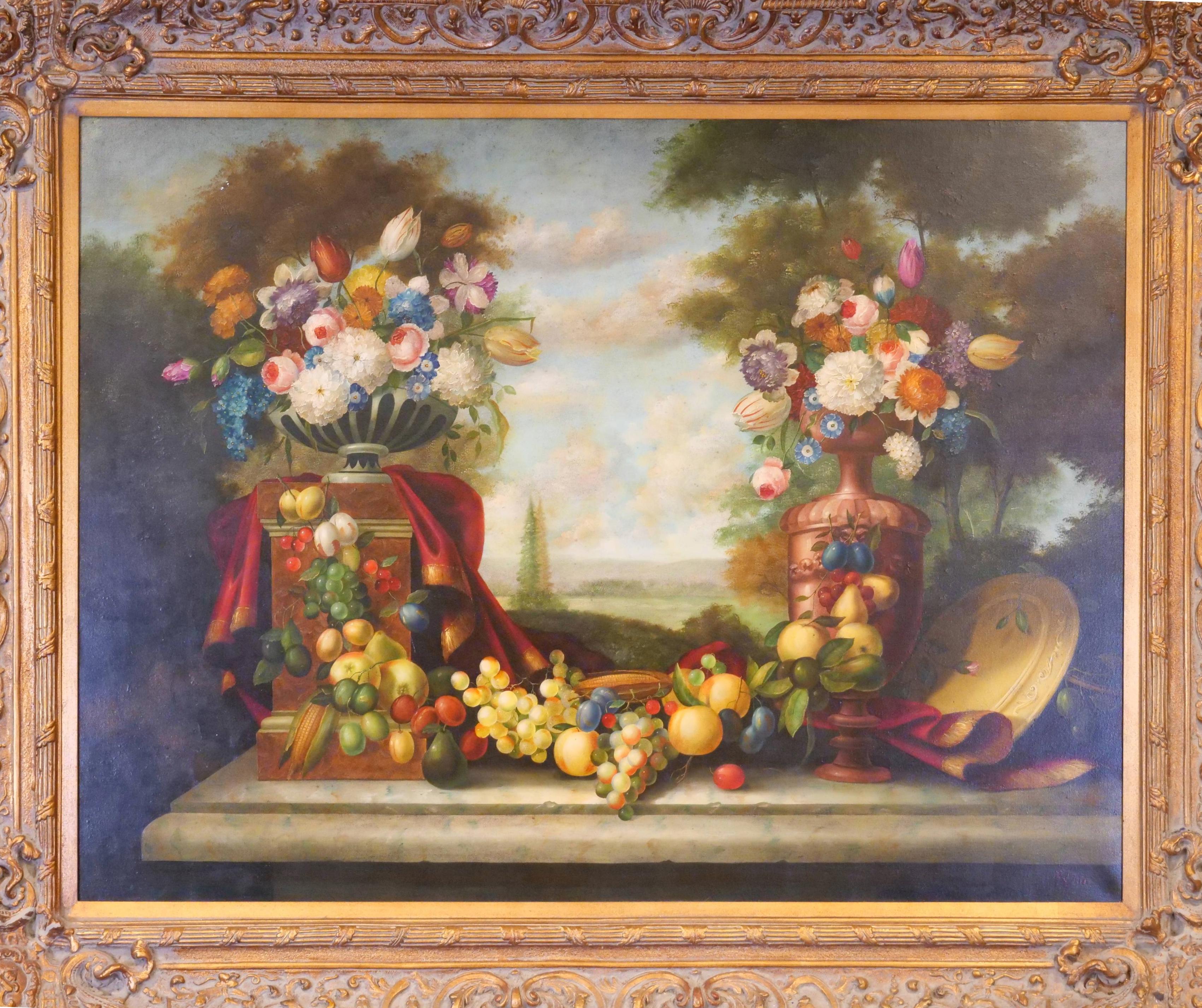 Óleo / Lienzo Extra Grande con Marco de Madera Dorada  Flores / Frutas Pintura de bodegón en venta 5