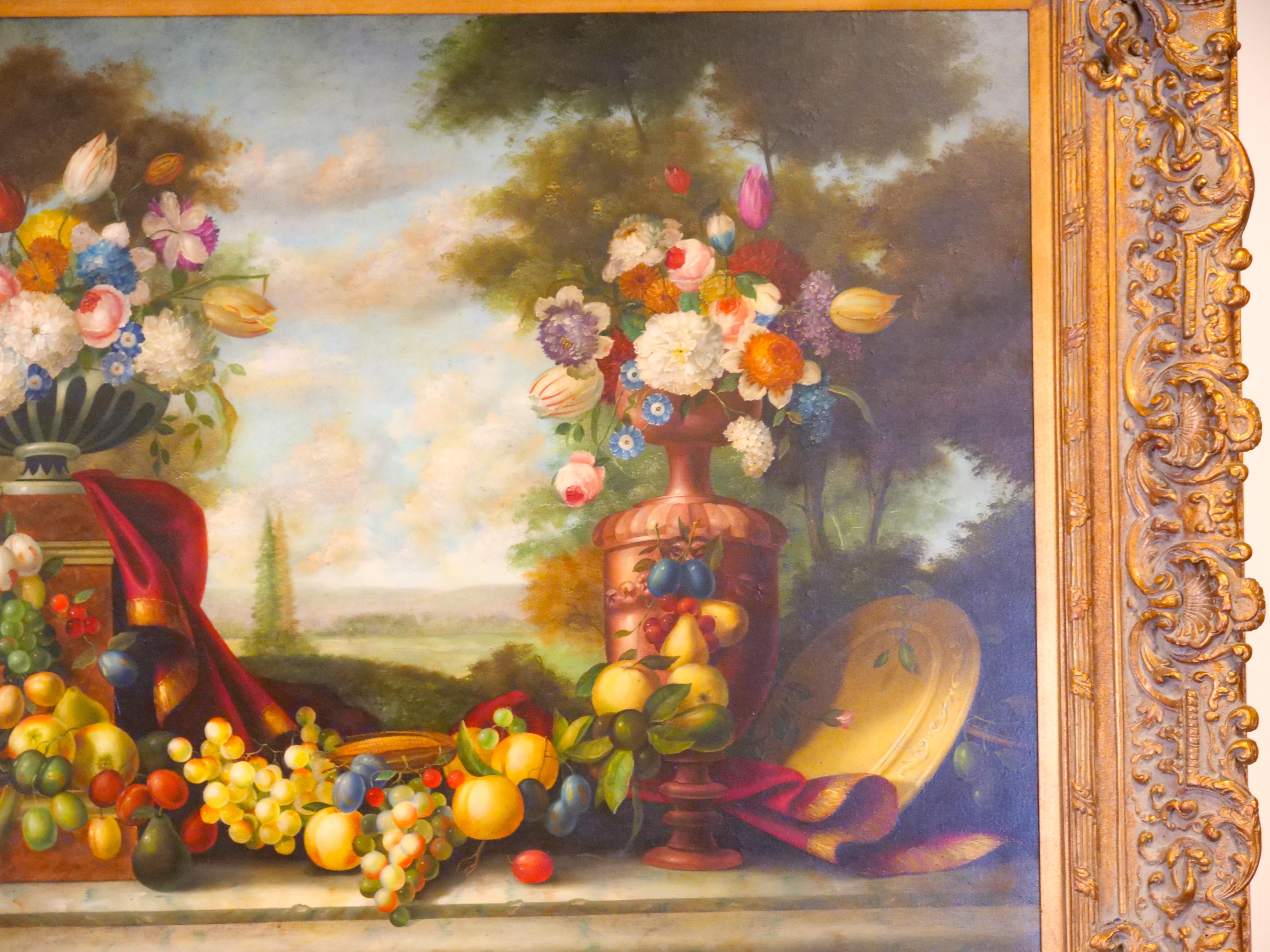 Óleo / Lienzo Extra Grande con Marco de Madera Dorada  Flores / Frutas Pintura de bodegón Tallado a mano en venta
