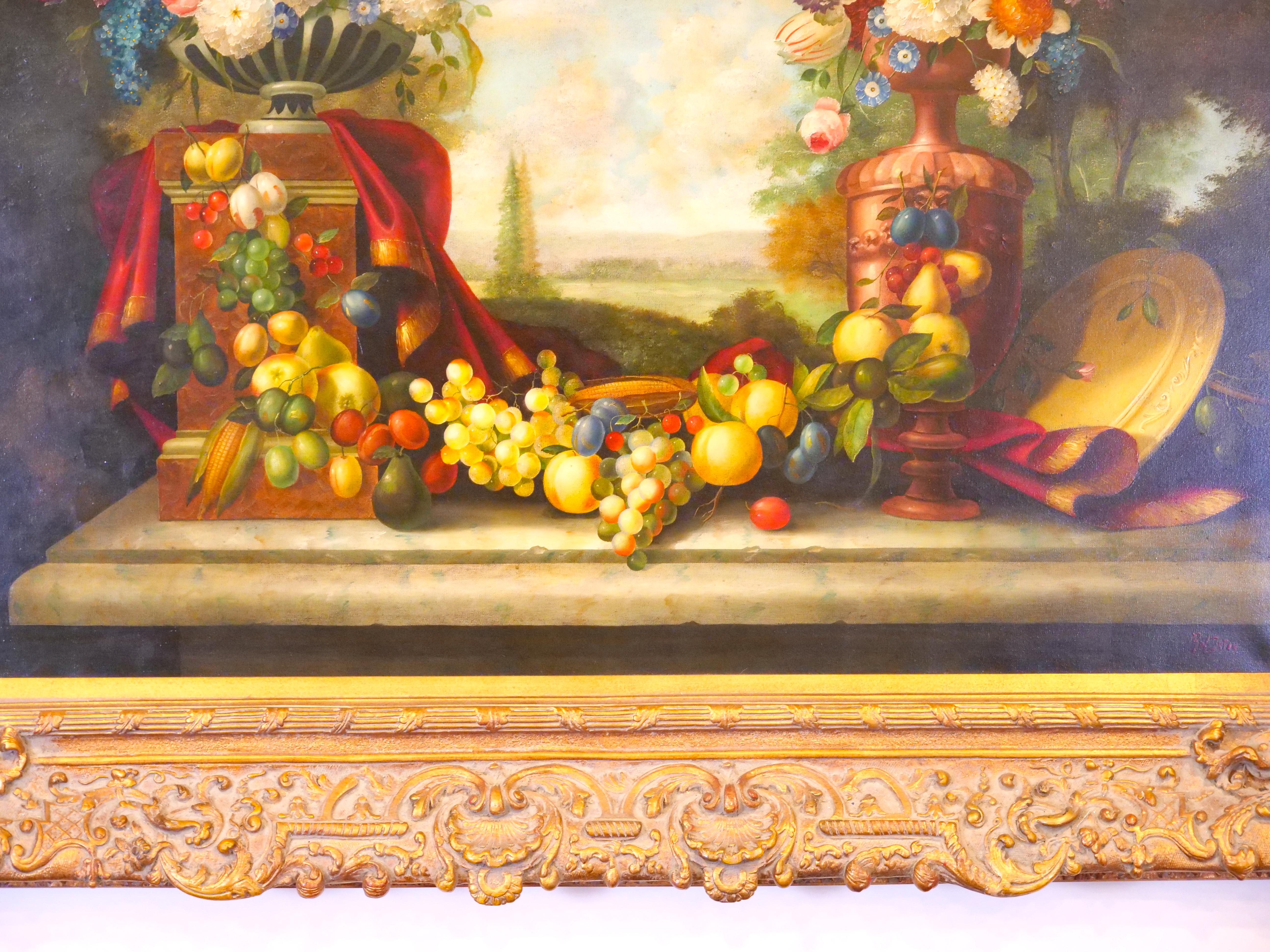 Óleo / Lienzo Extra Grande con Marco de Madera Dorada  Flores / Frutas Pintura de bodegón en Bueno estado para la venta en Tarry Town, NY