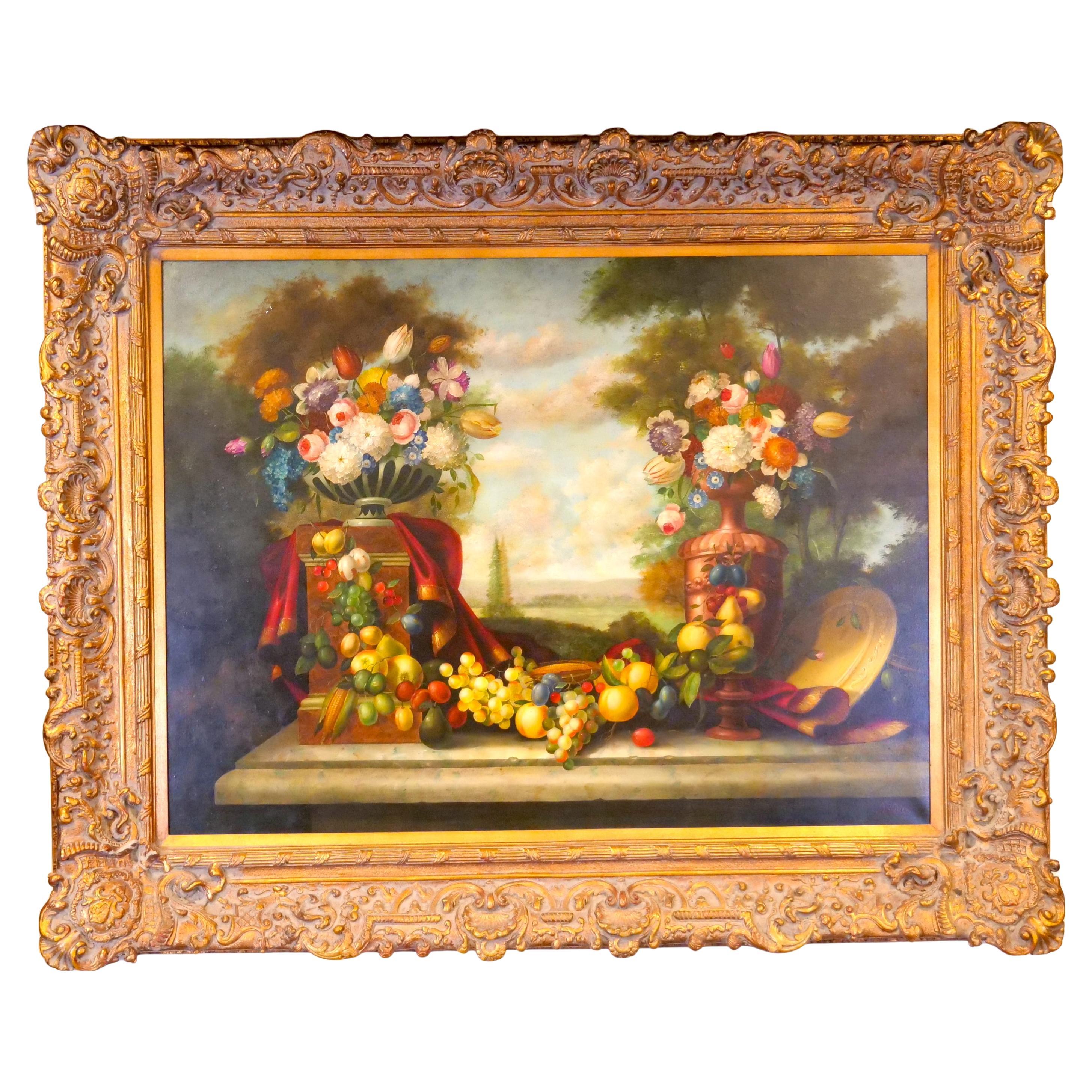 Óleo / Lienzo Extra Grande con Marco de Madera Dorada  Flores / Frutas Pintura de bodegón