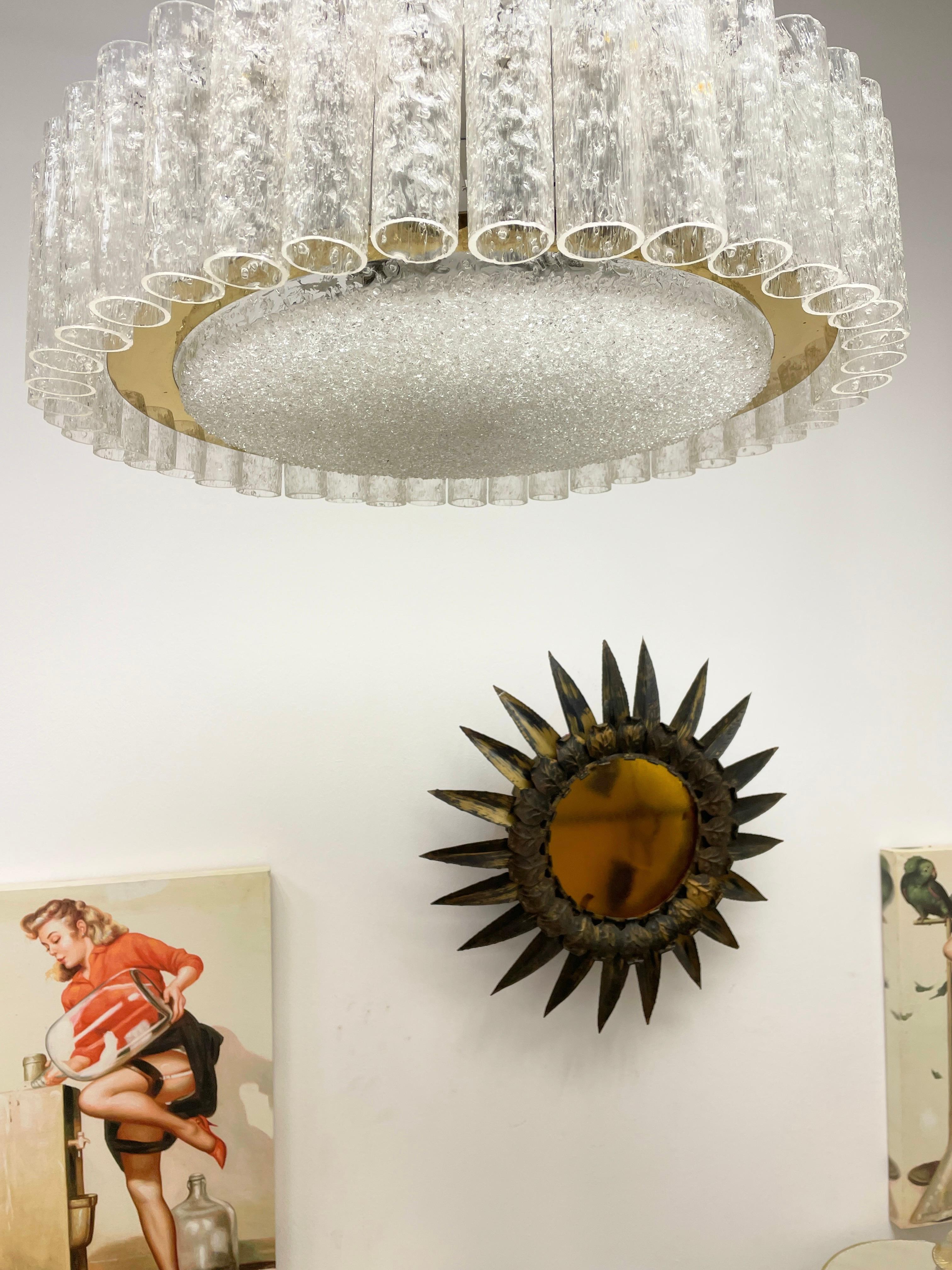 Extra Large midcentury Doria chandelier, structured glass surrounding a brass ring and granulated glass disc. The fixture requires 6 European E27 / 110 Volt Edison bulbs, each bulb up to 60 Watts. It is in very good condition.