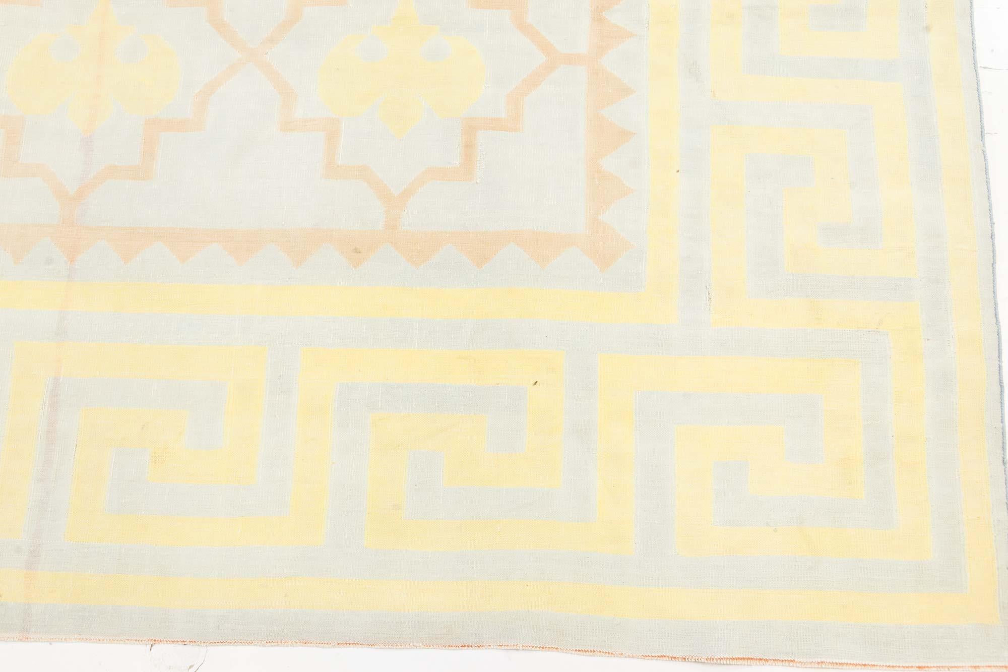 Hand-Knotted Extra Large Golden Yellow Indian Dhurrie Rug For Sale