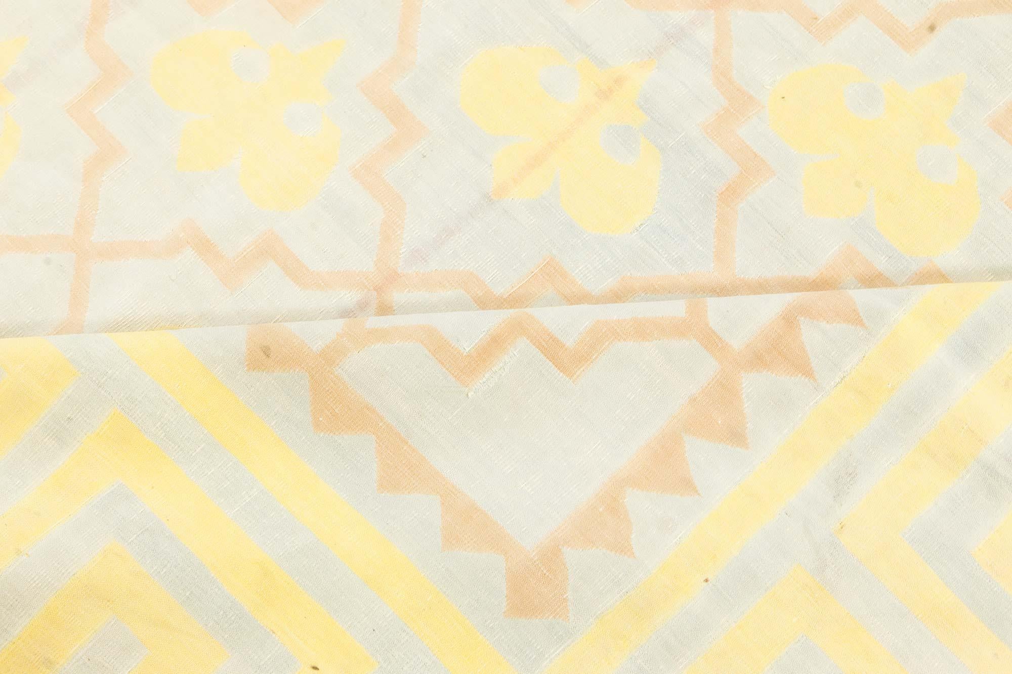 One-of-a-kind extra large golden yellow Indian Dhurrie rug
Size: 18'2