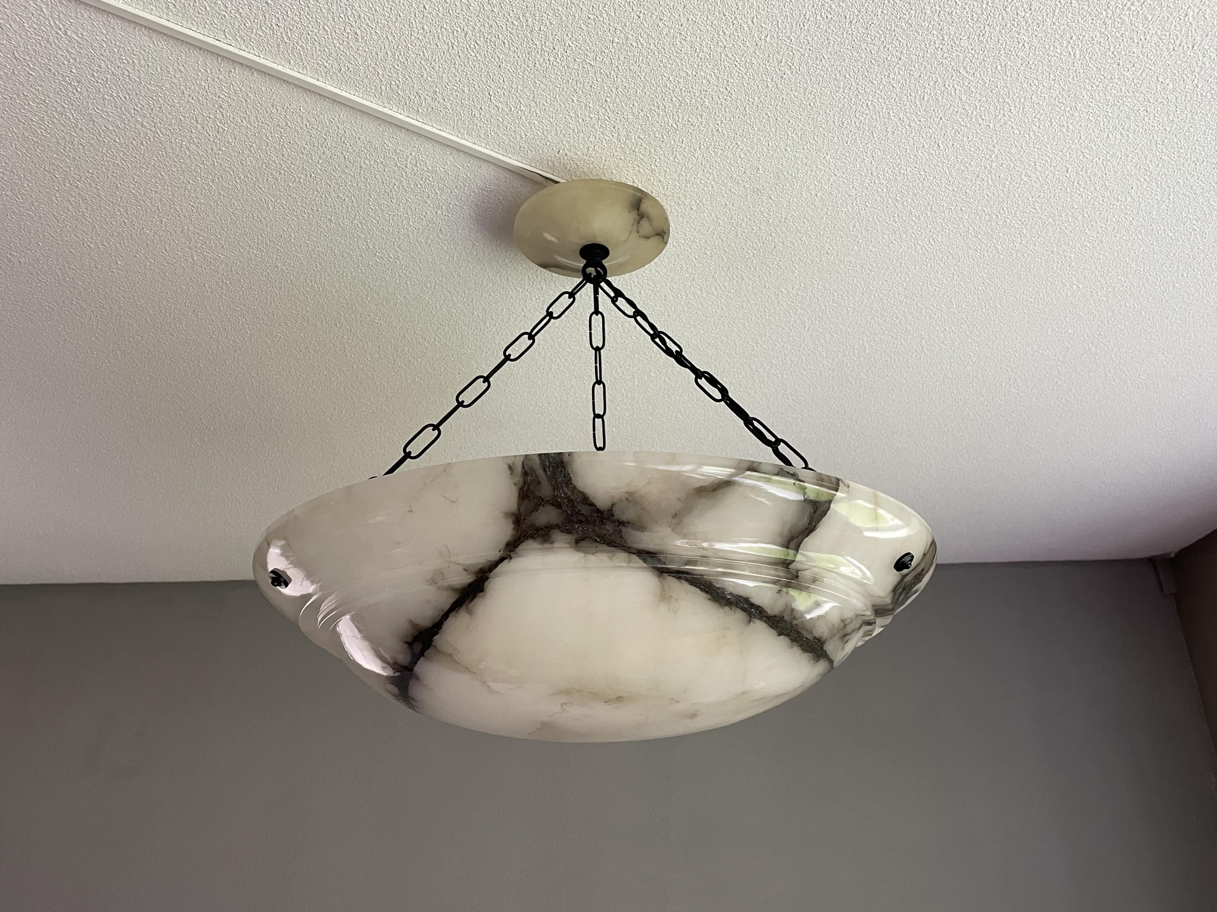 Polished Extra Large & Great Looking Antique White & Black Alabaster Pendant /Flush Mount