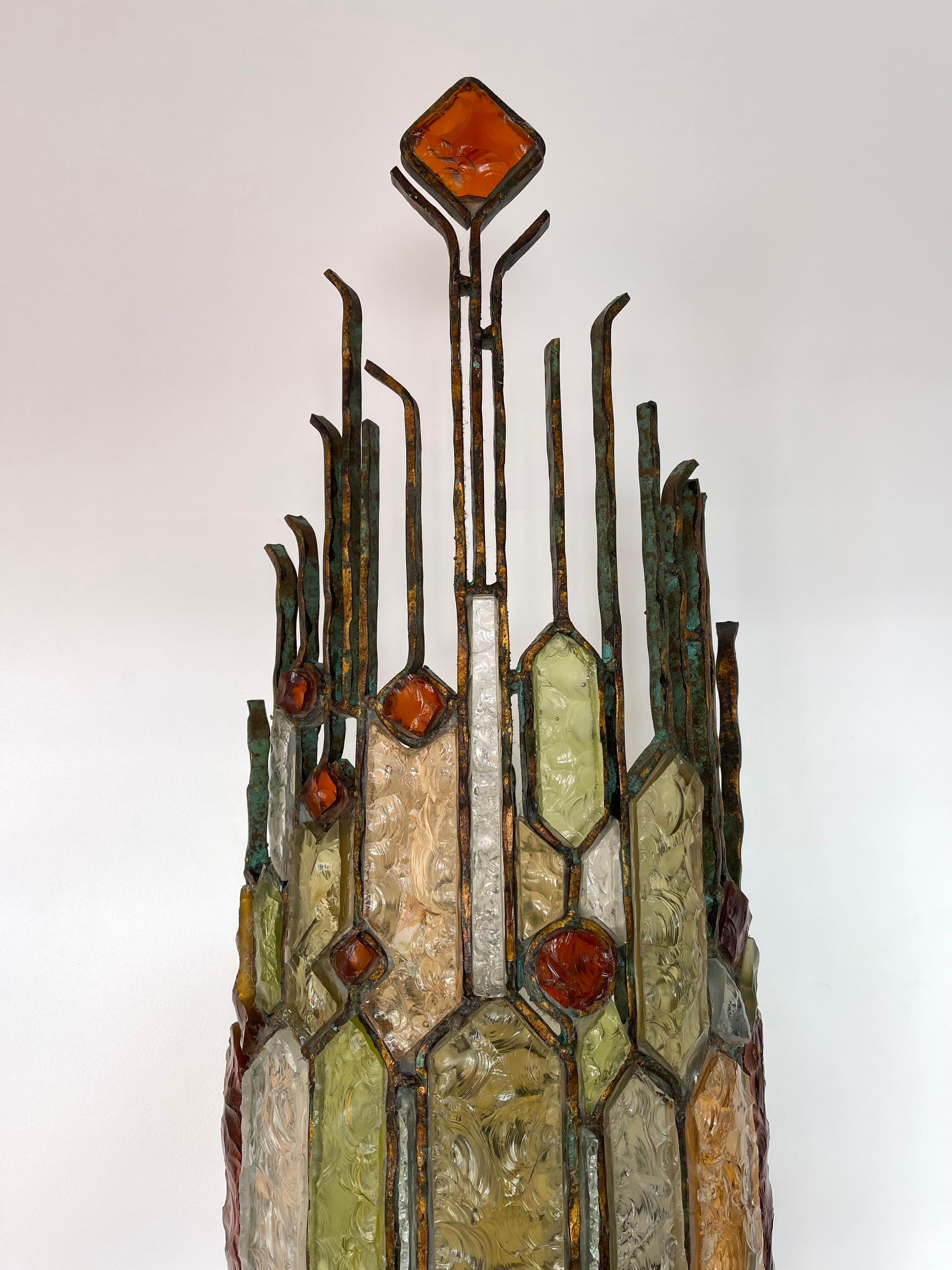 Extra Large Hammered Glass Wrought Iron Sconce by Longobard, Italy, 1970s 4