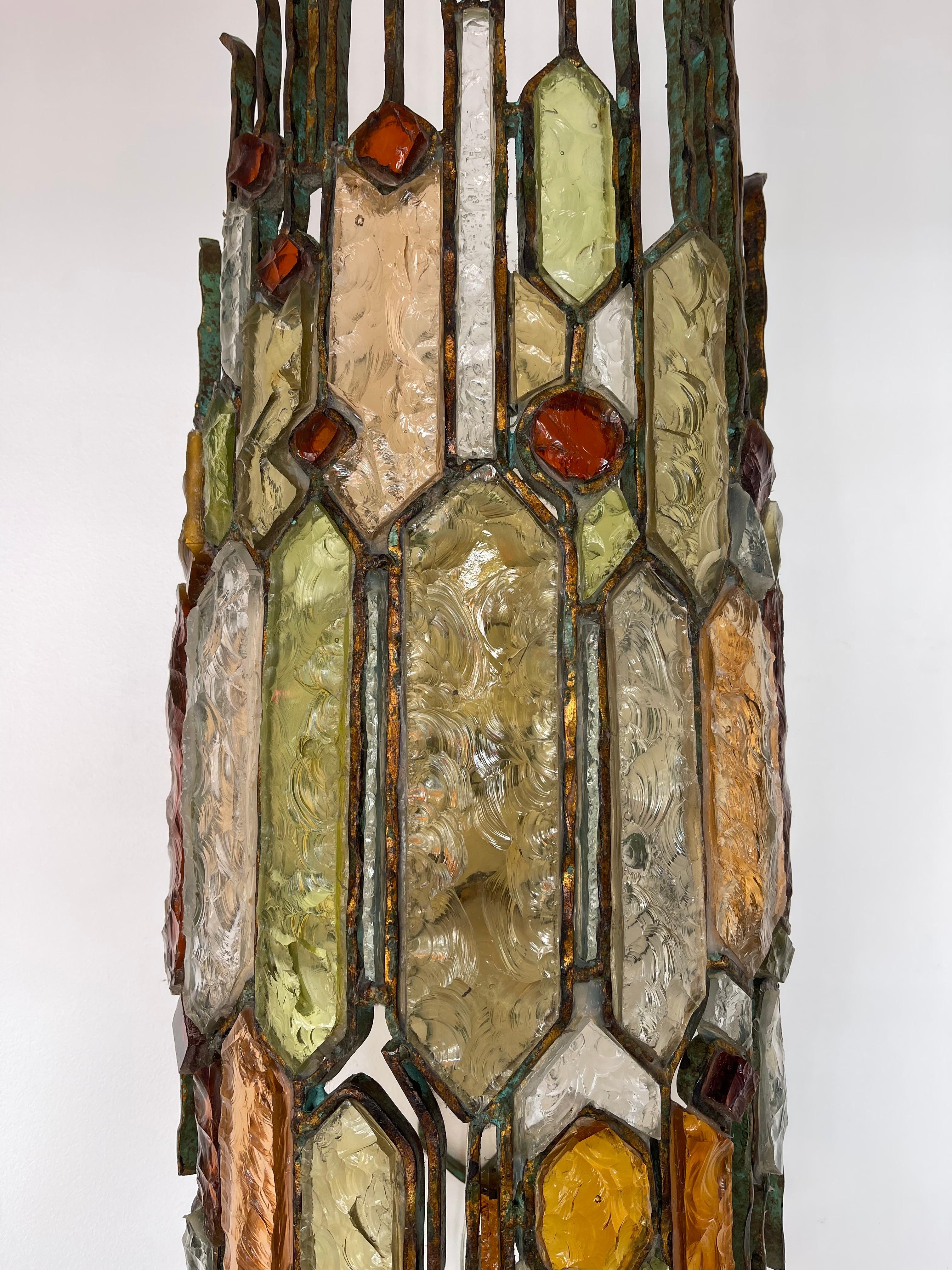 Extra Large Hammered Glass Wrought Iron Sconce by Longobard, Italy, 1970s 5