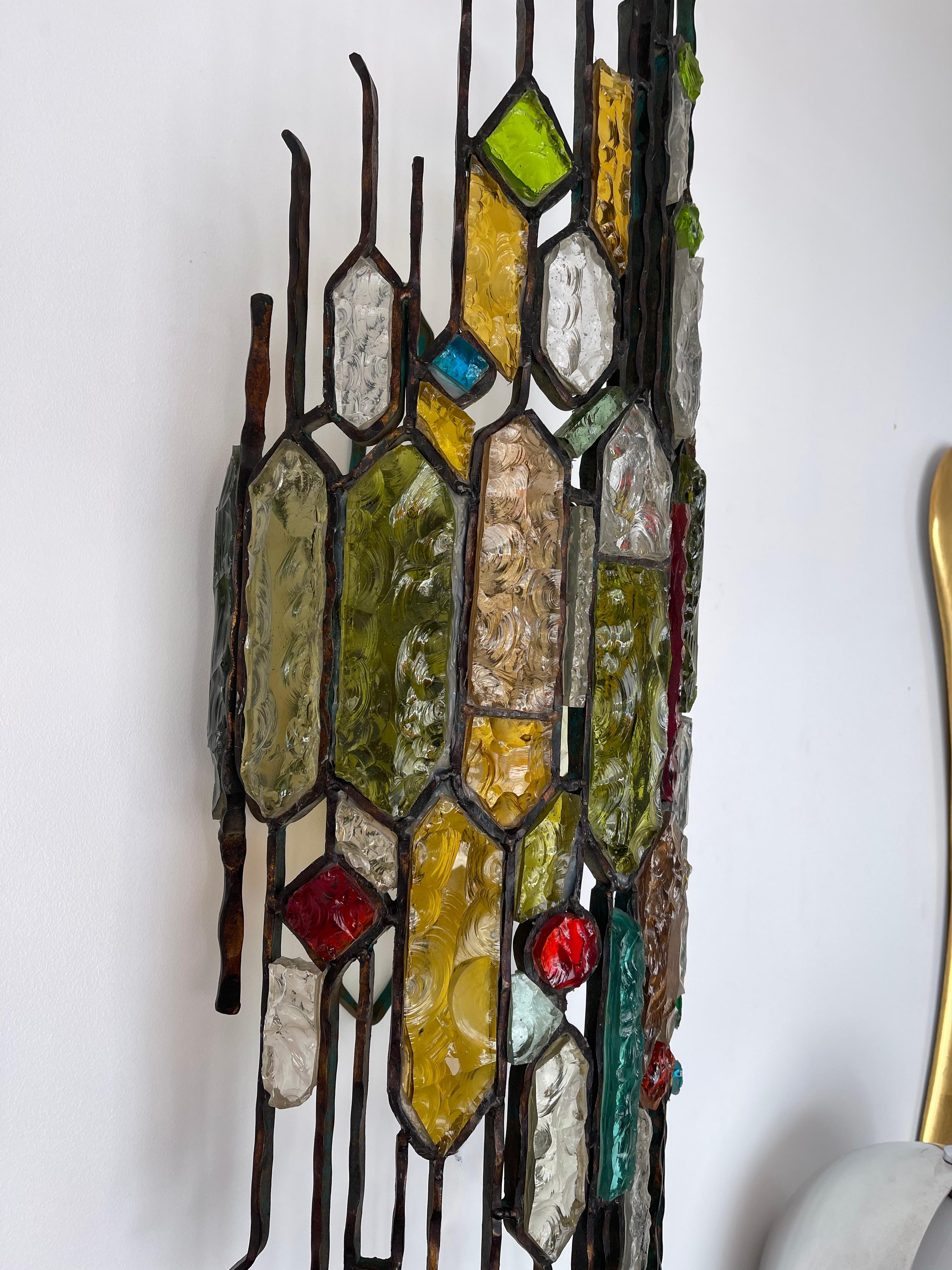 Extra Large Hammered Glass Wrought Iron Sconce by Longobard, Italy, 1970s For Sale 6