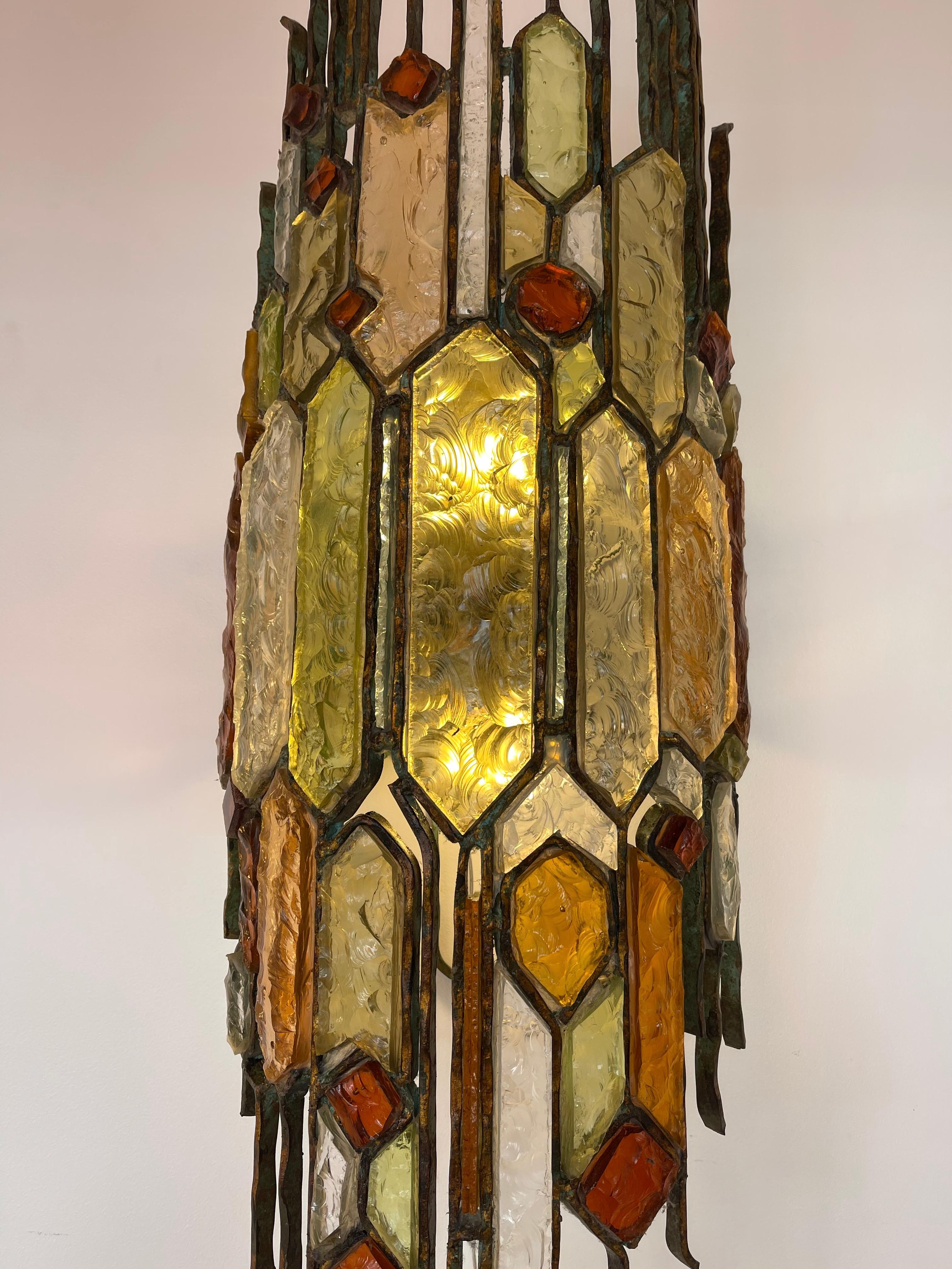 Extra Large Hammered Glass Wrought Iron Sconce by Longobard, Italy, 1970s 7
