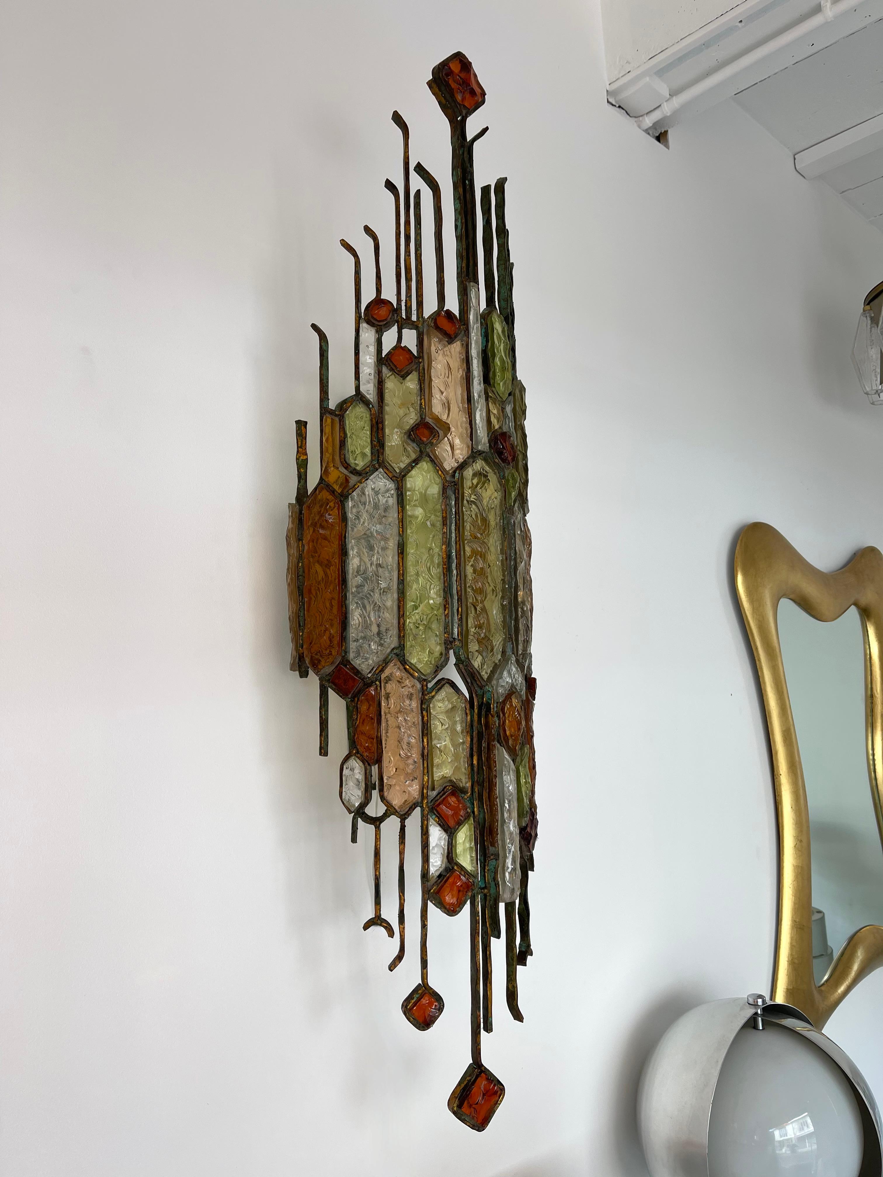 Late 20th Century Extra Large Hammered Glass Wrought Iron Sconce by Longobard, Italy, 1970s