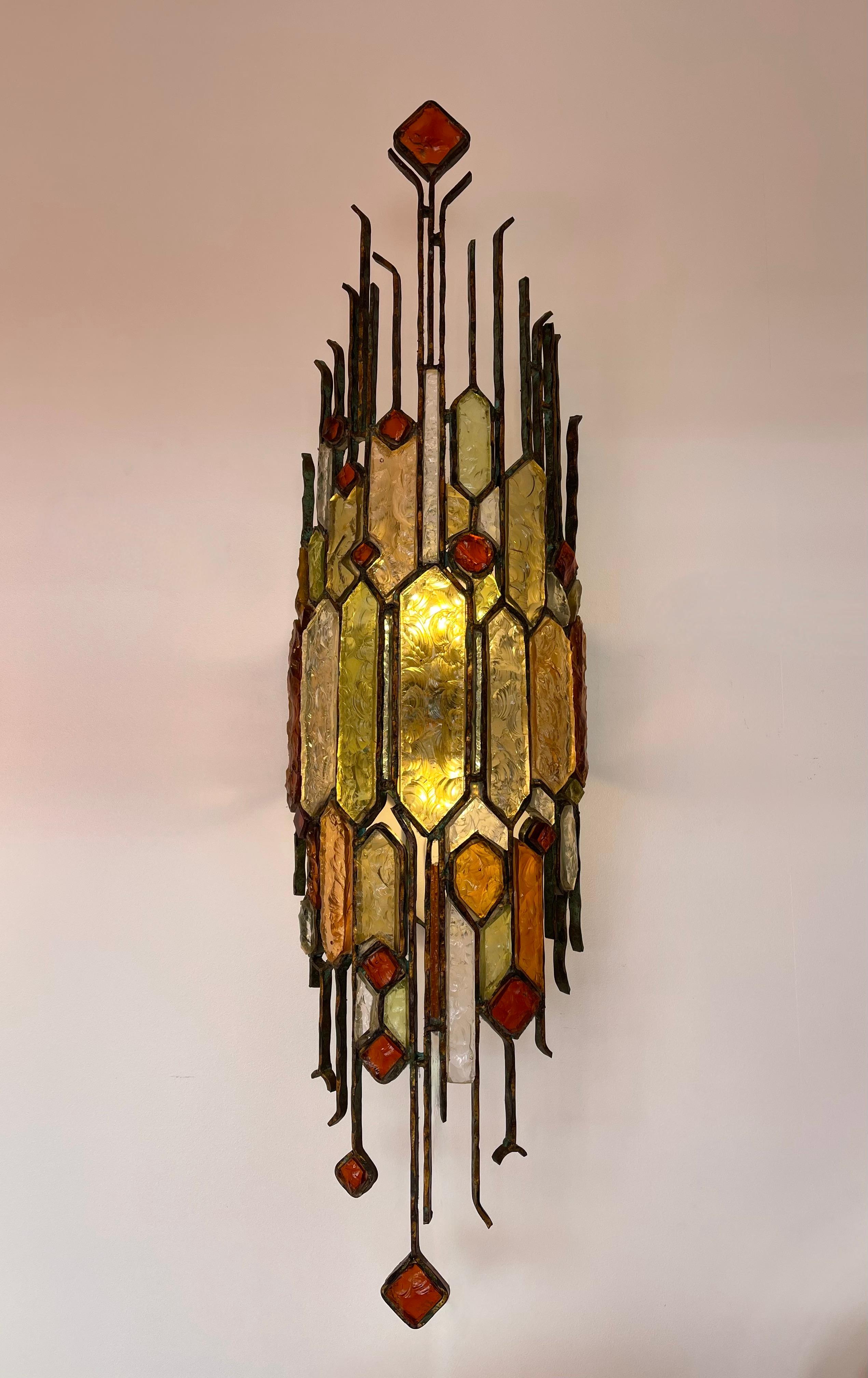 Extra Large Hammered Glass Wrought Iron Sconce by Longobard, Italy, 1970s 1