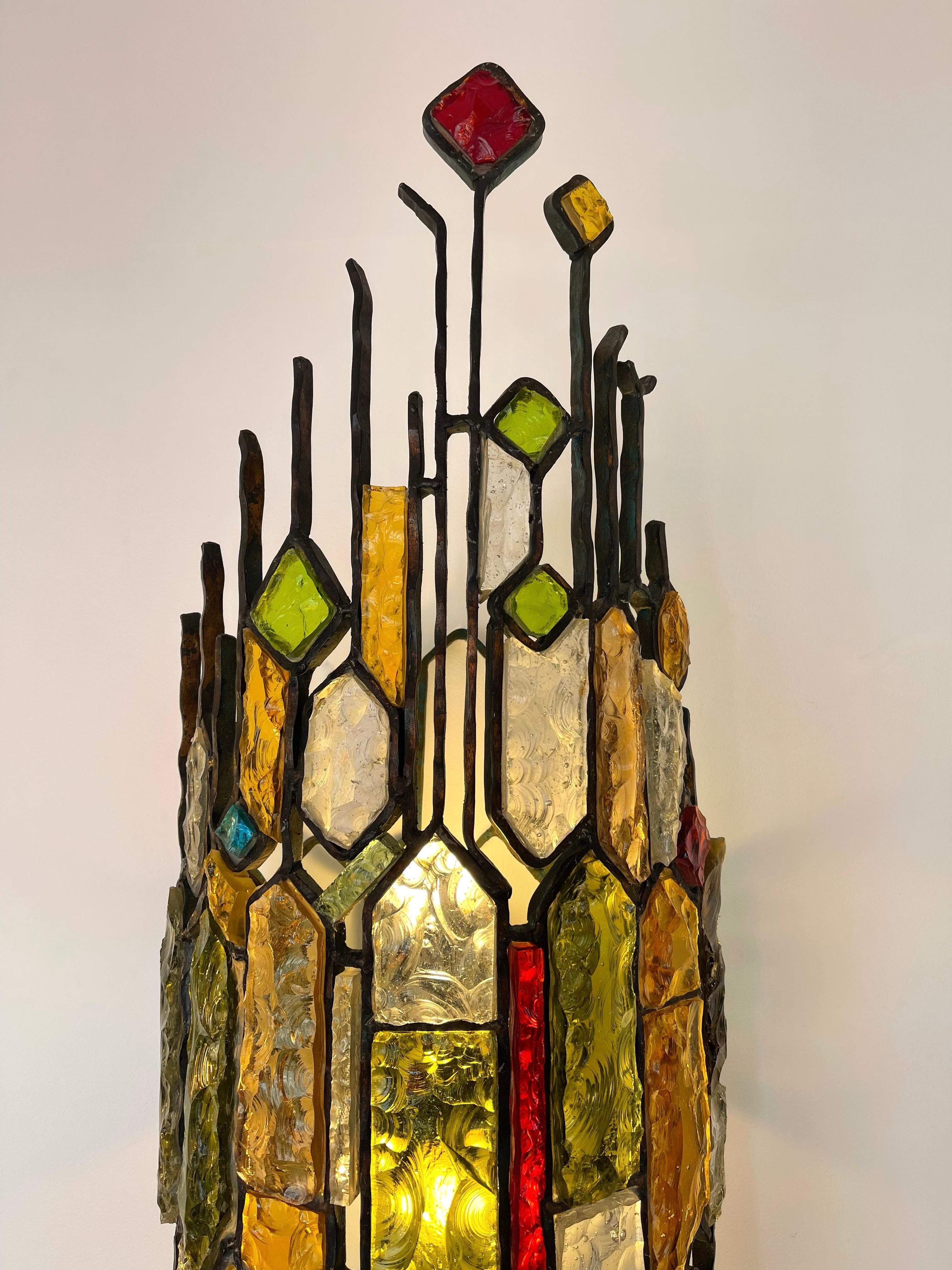 Extra Large Hammered Glass Wrought Iron Sconce by Longobard, Italy, 1970s For Sale 3