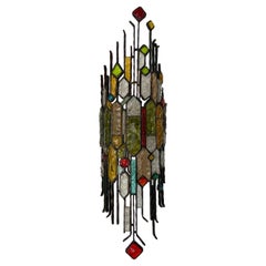 Extra Large Hammered Glass Wrought Iron Sconce by Longobard, Italy, 1970s