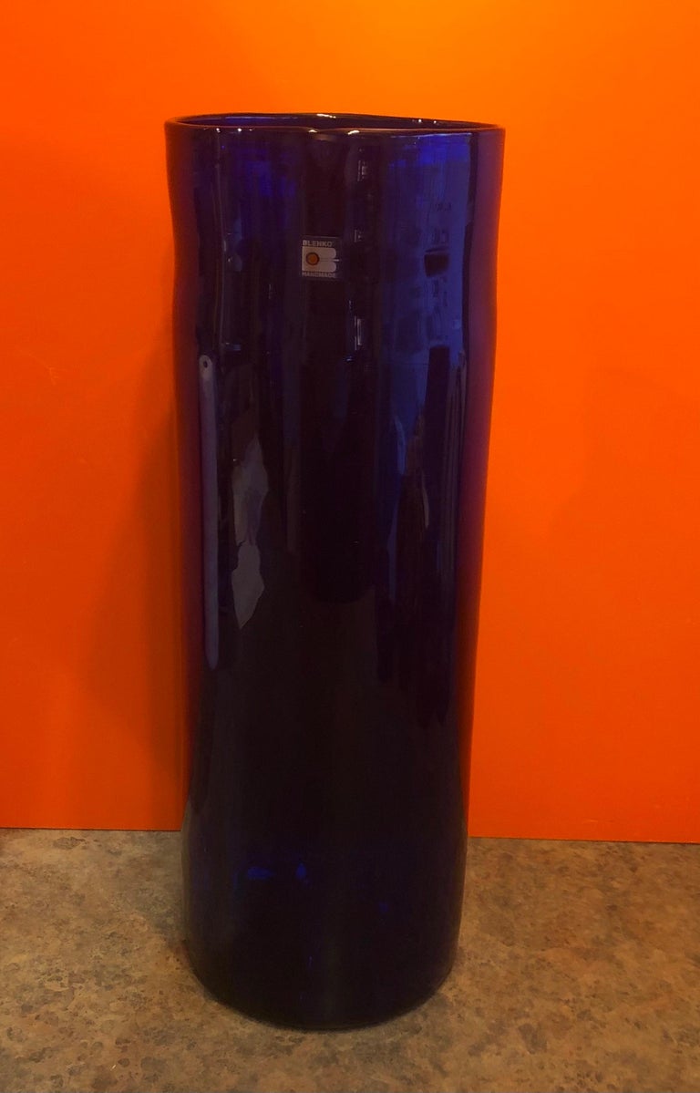 Extra Large Hand Blown Cobalt Blue Art Glass Vase by Blenko Glass For