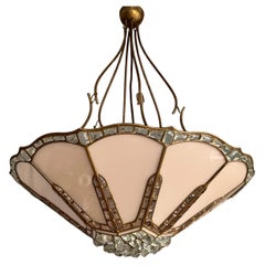 Extra Large Handmade Vintage Opaline & Chunky Glass Tiffany Design Pendant Light