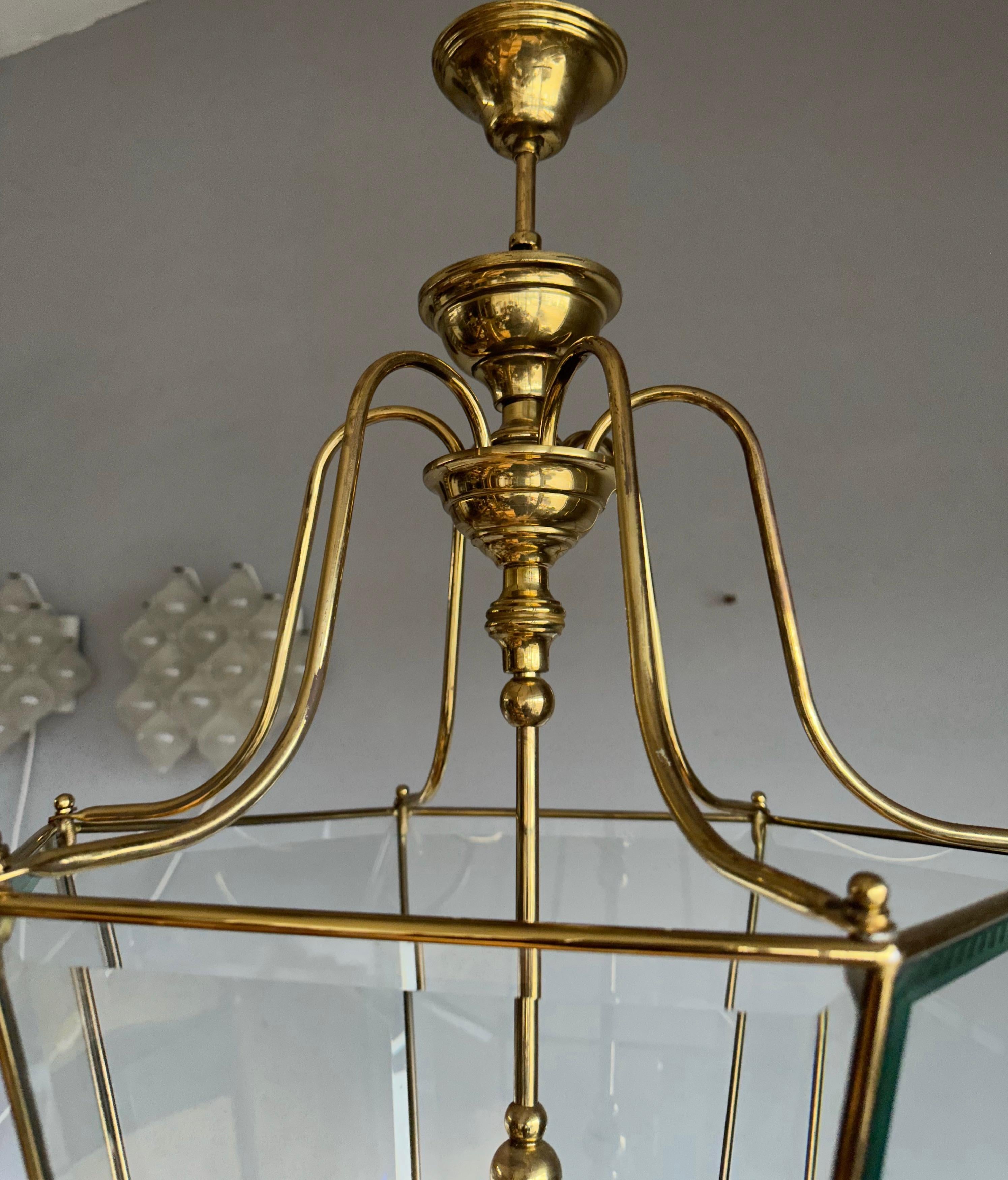 Extra Large Highly Stylish Brass and Beveled Glass Pendant Light Ceiling Lantern For Sale 3