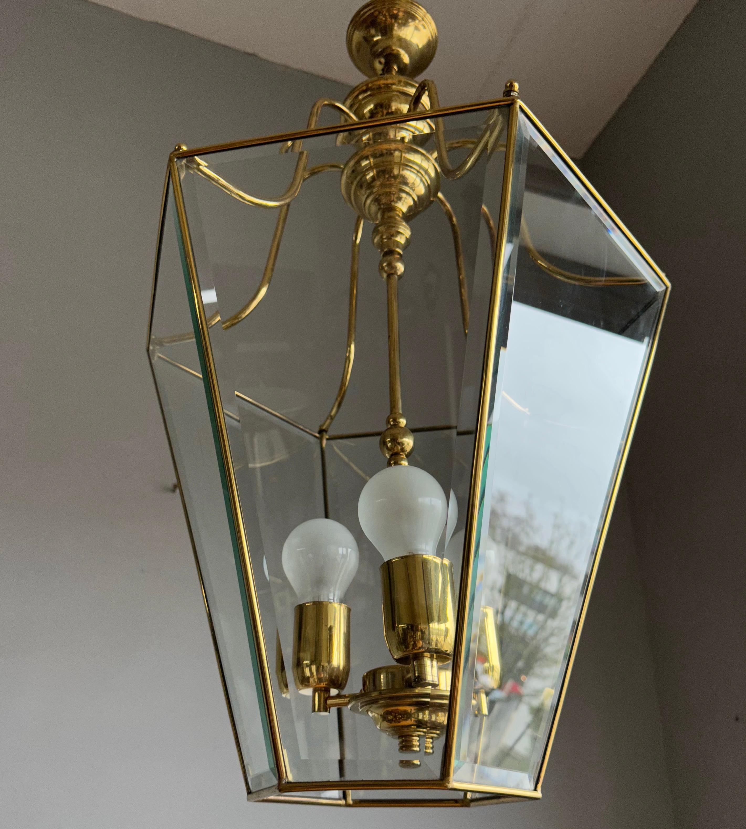 Extra Large Highly Stylish Brass and Beveled Glass Pendant Light Ceiling Lantern For Sale 5