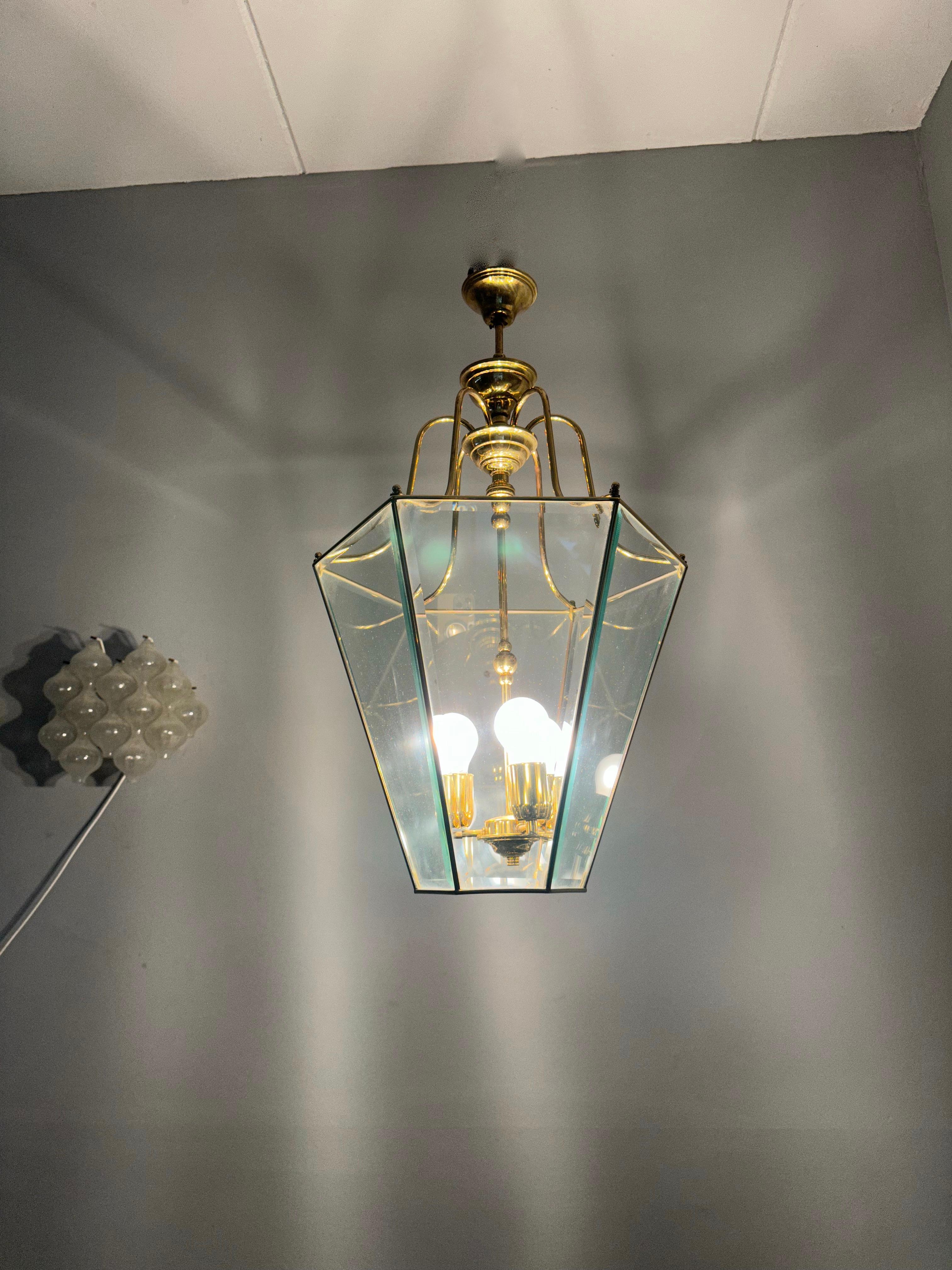 Extra Large Highly Stylish Brass and Beveled Glass Pendant Light Ceiling Lantern For Sale 6