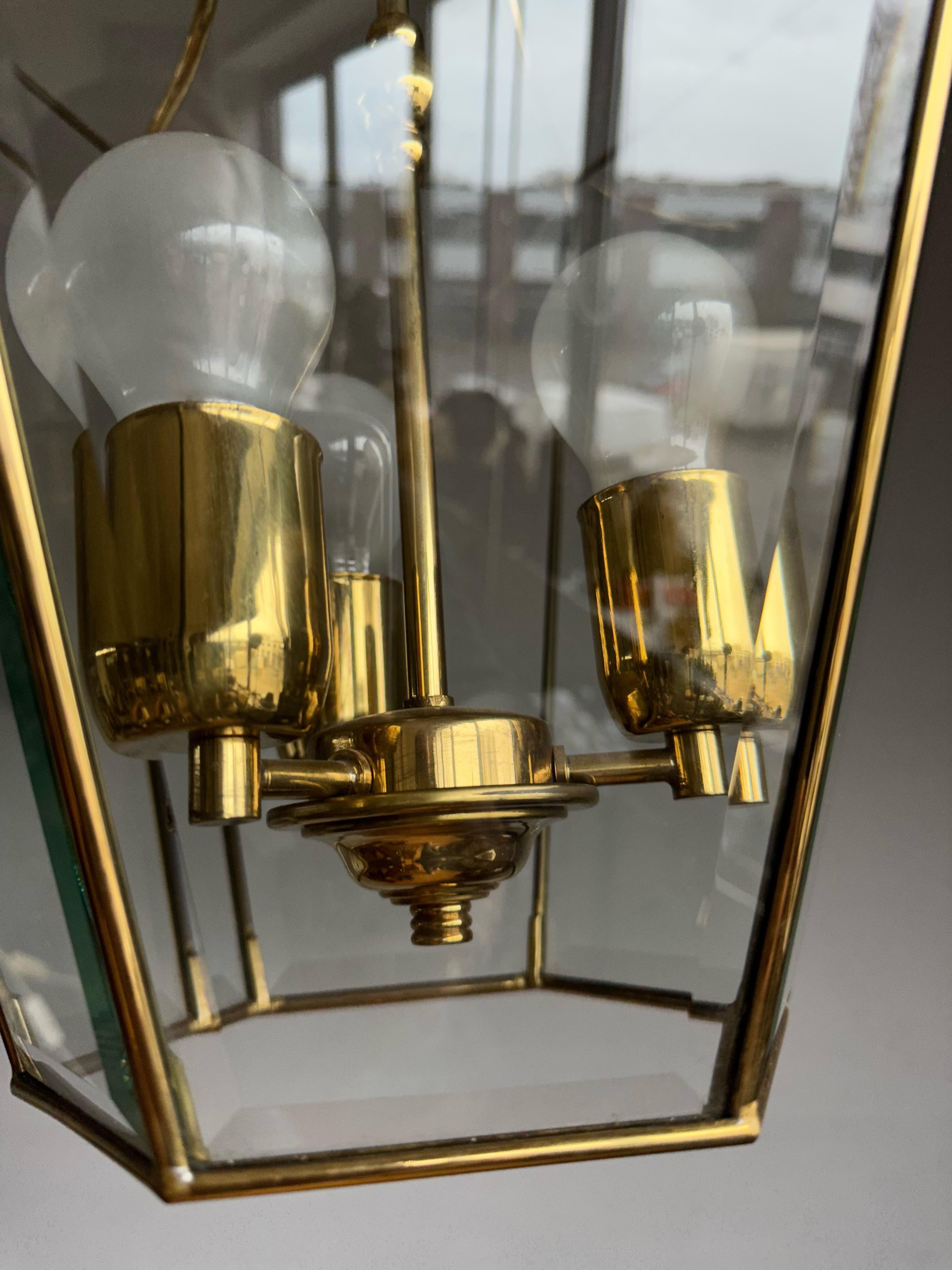Extra Large Highly Stylish Brass and Beveled Glass Pendant Light Ceiling Lantern For Sale 7