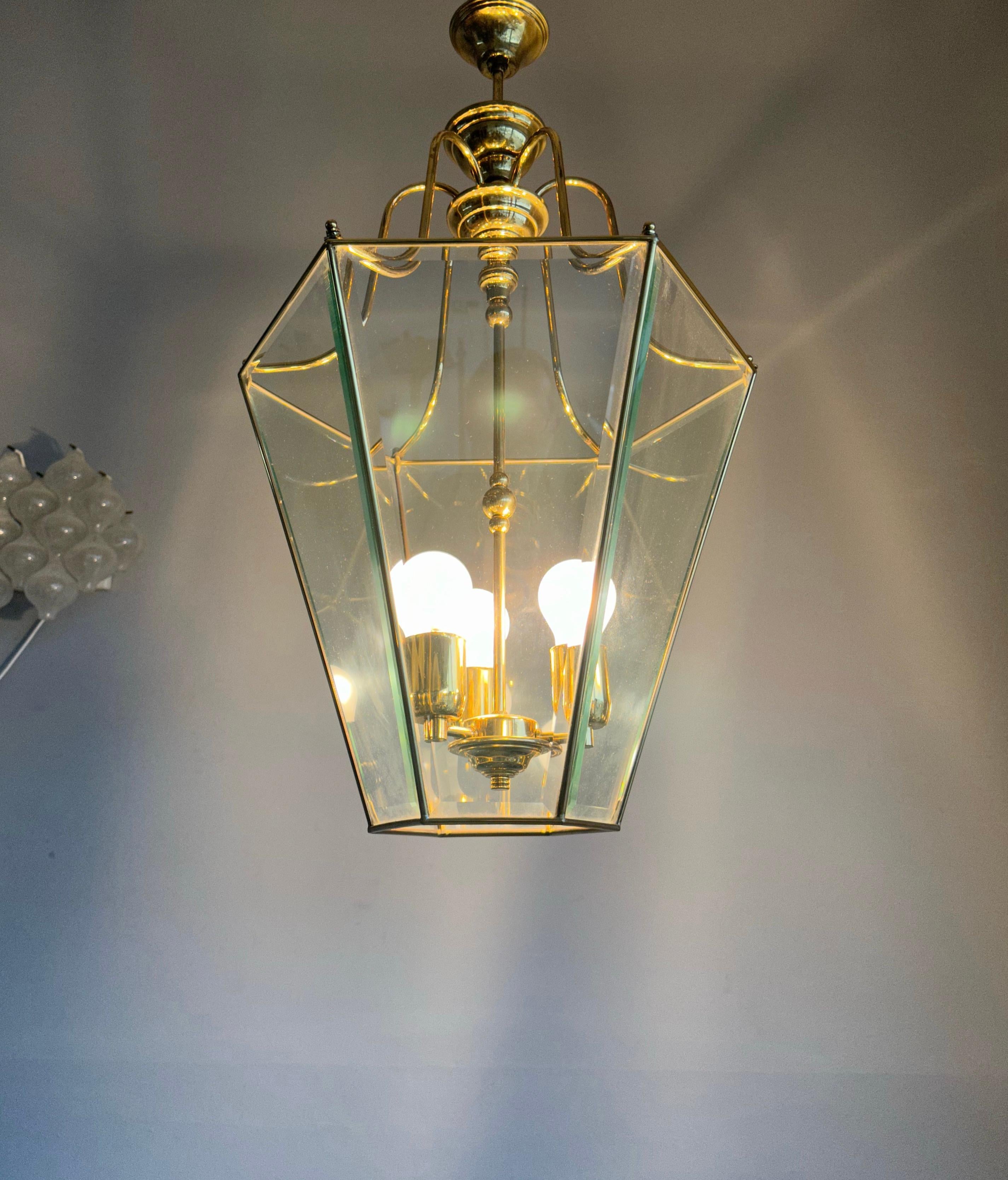 Extra Large Highly Stylish Brass and Beveled Glass Pendant Light Ceiling Lantern For Sale 8