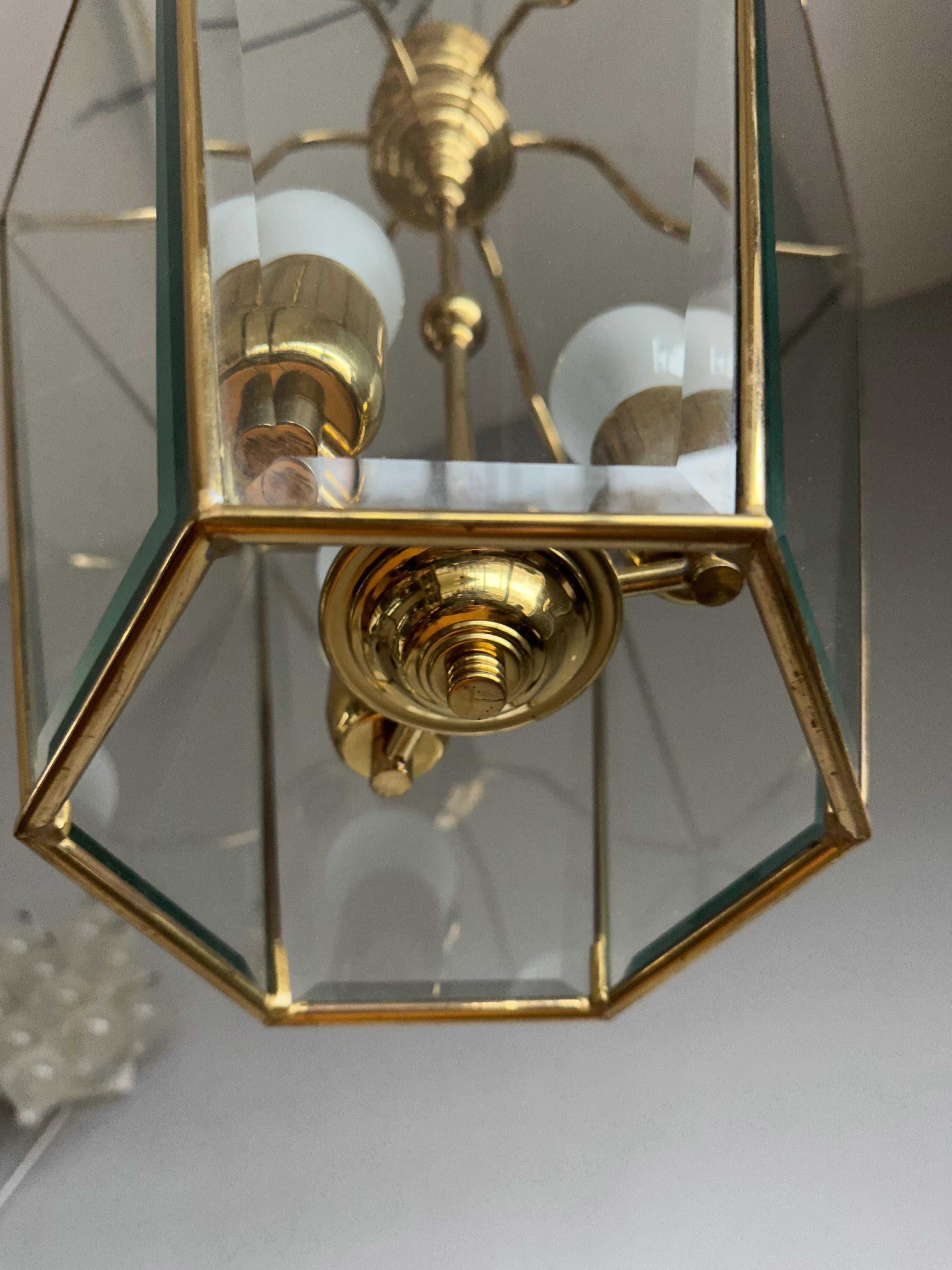 Extra Large Highly Stylish Brass and Beveled Glass Pendant Light Ceiling Lantern For Sale 9